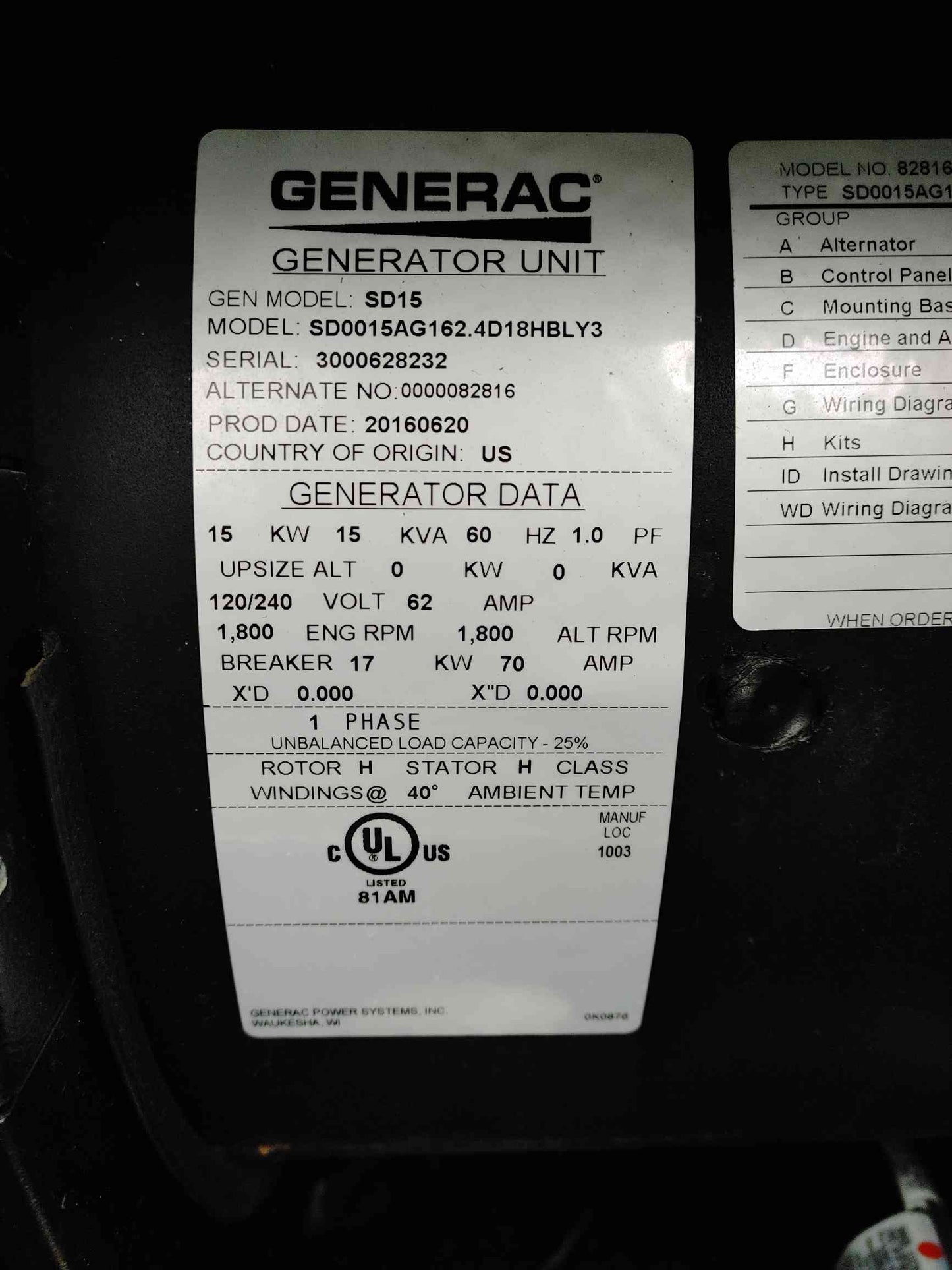 15KW Generac Generator 120/240V 1PH 288Hrs Diesel SD15 LOAD TESTED (108316)