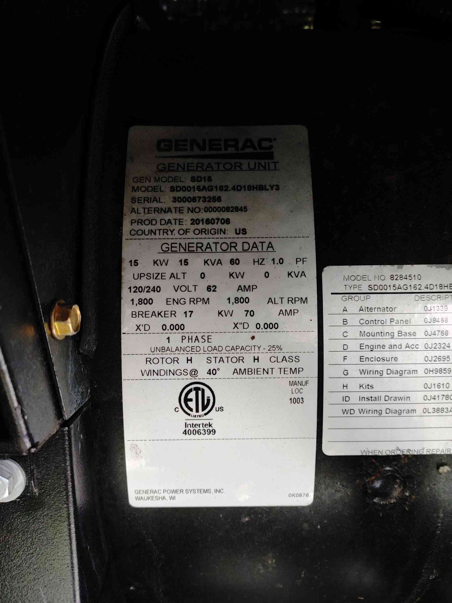15KW Generac Generator 120/240V 1PH 251Hrs Diesel SD15 LOAD TESTED (108315)