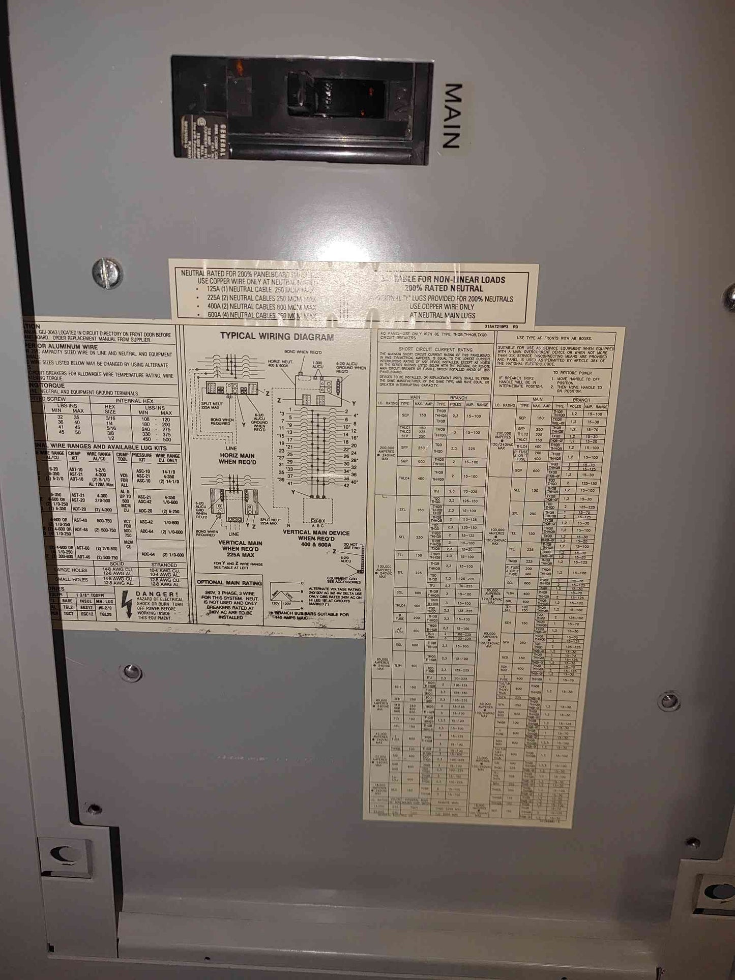 225A 120/208v GE A Series Panelboard with Main (112469)