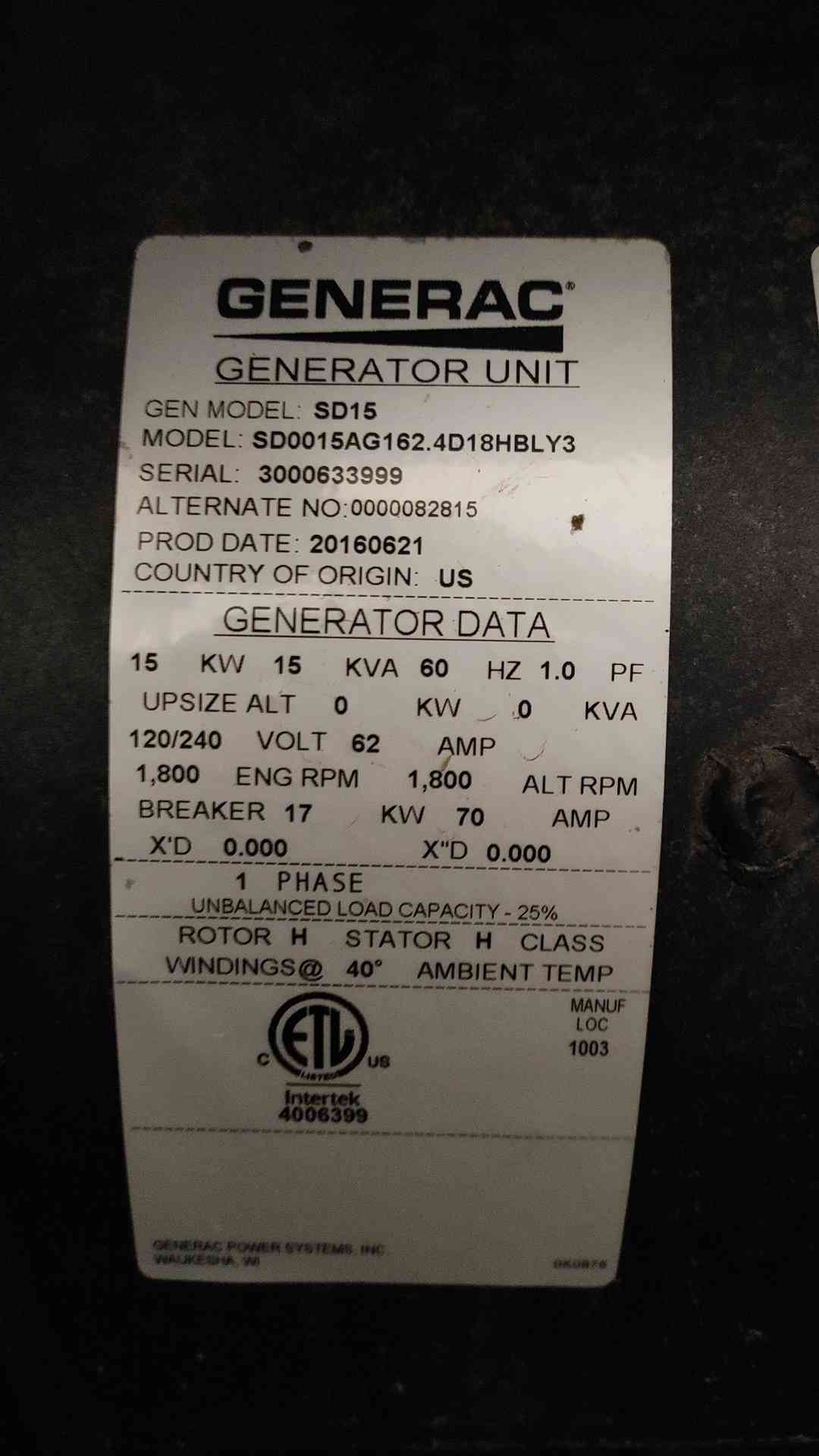 Generac SD15 15kW Industrial Diesel Standby Generator 120/240V 1-Ph 334 Hrs 2016 TESTED (112711)