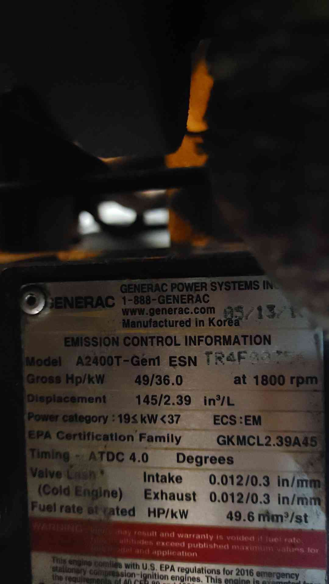 15KW Generac SD15 Diesel Generator 1PH 254Hrs A2400T Engine '16 TESTED (SKU: 112712)