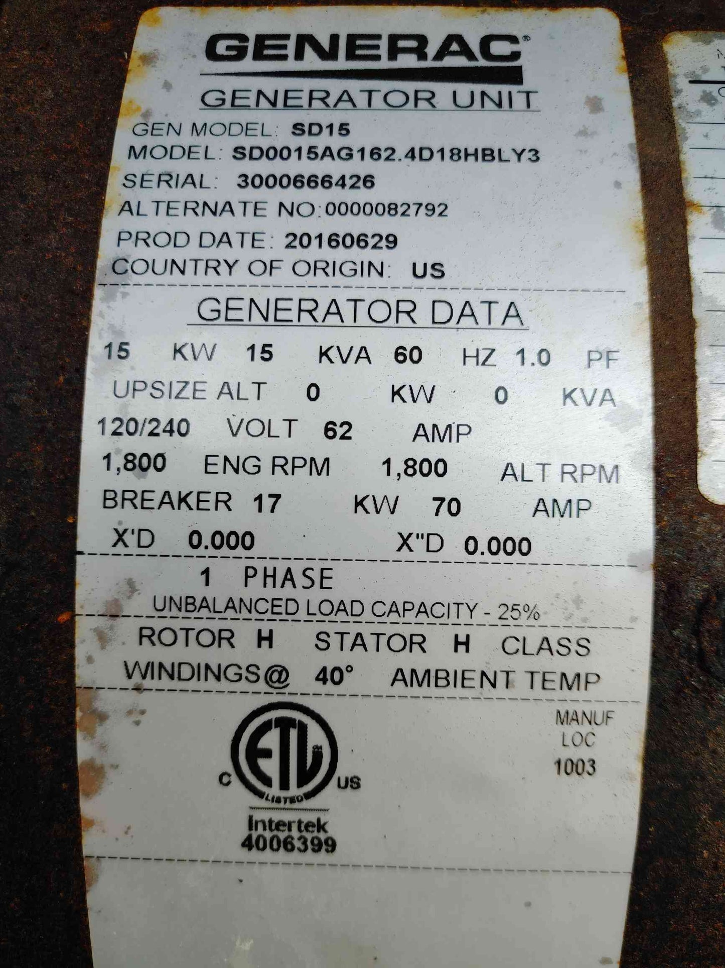 15KW Generac SD15 Diesel Generator 1PH 254Hrs A2400T Engine '16 TESTED (SKU: 112712)