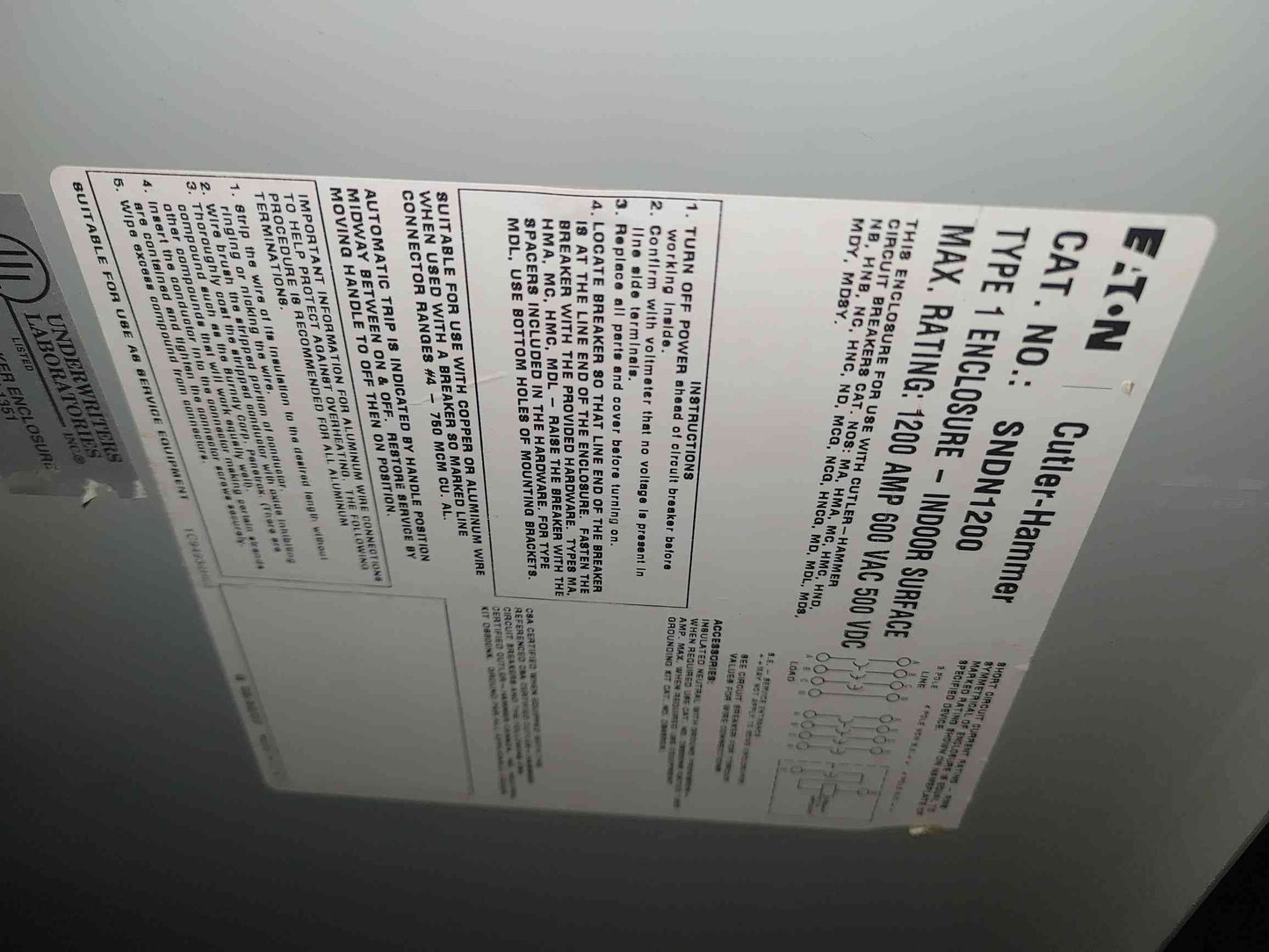 EATON 800A 500V Enclosed Circuit Breaker Disconnect (SKU: 112636)