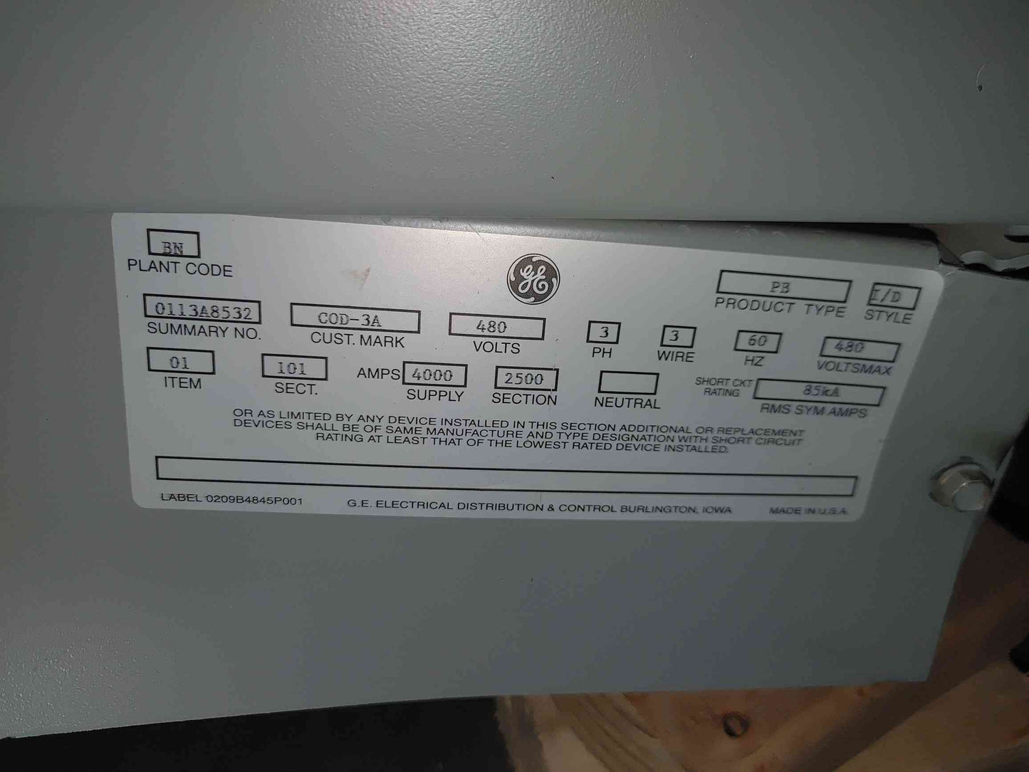 GE Power Break Switchboard 4x 800A SHF08B208H Power Break II Breakers 480V (112941)