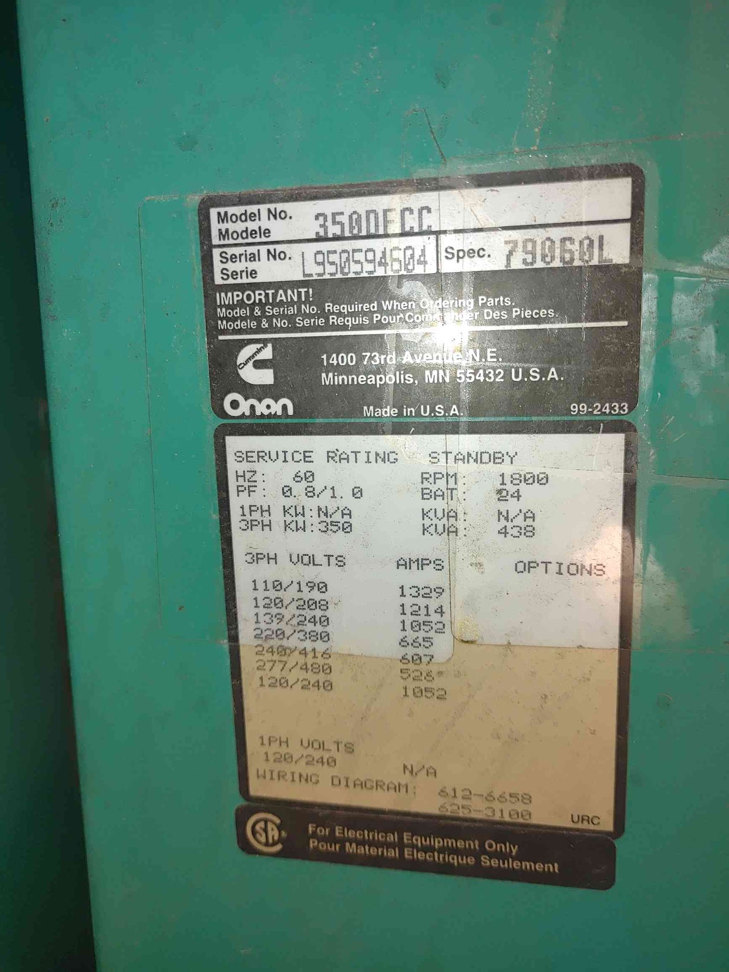 Cummins Onan 350kW Diesel Generator & Tank 350DFCC 438kVA 3ph 487hrs TESTED (SKU: 112935)