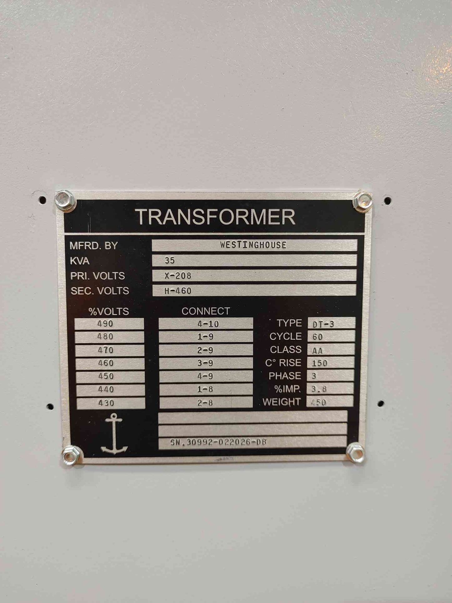 35kva Transformer 208 to 460V Nema #1, 3-Phase Rebuilt (SKU: 112170)