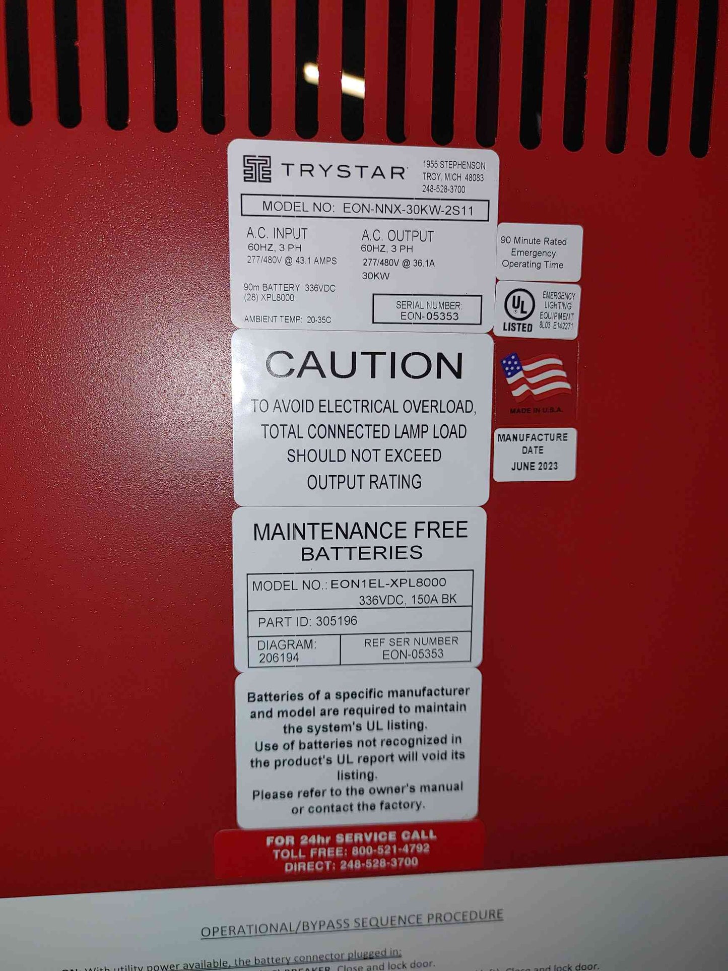 Trystar EON EL3 30kW Emergency Lighting Inverter 277/480V EON-NNX-30KW-2S11 NEW(SKU: 111358)