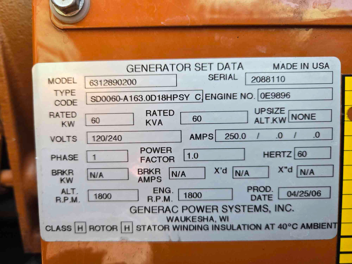 60KW Generac Generator 5030 John Deere Diesel 1Ph '06 820Hrs. LOAD TESTED