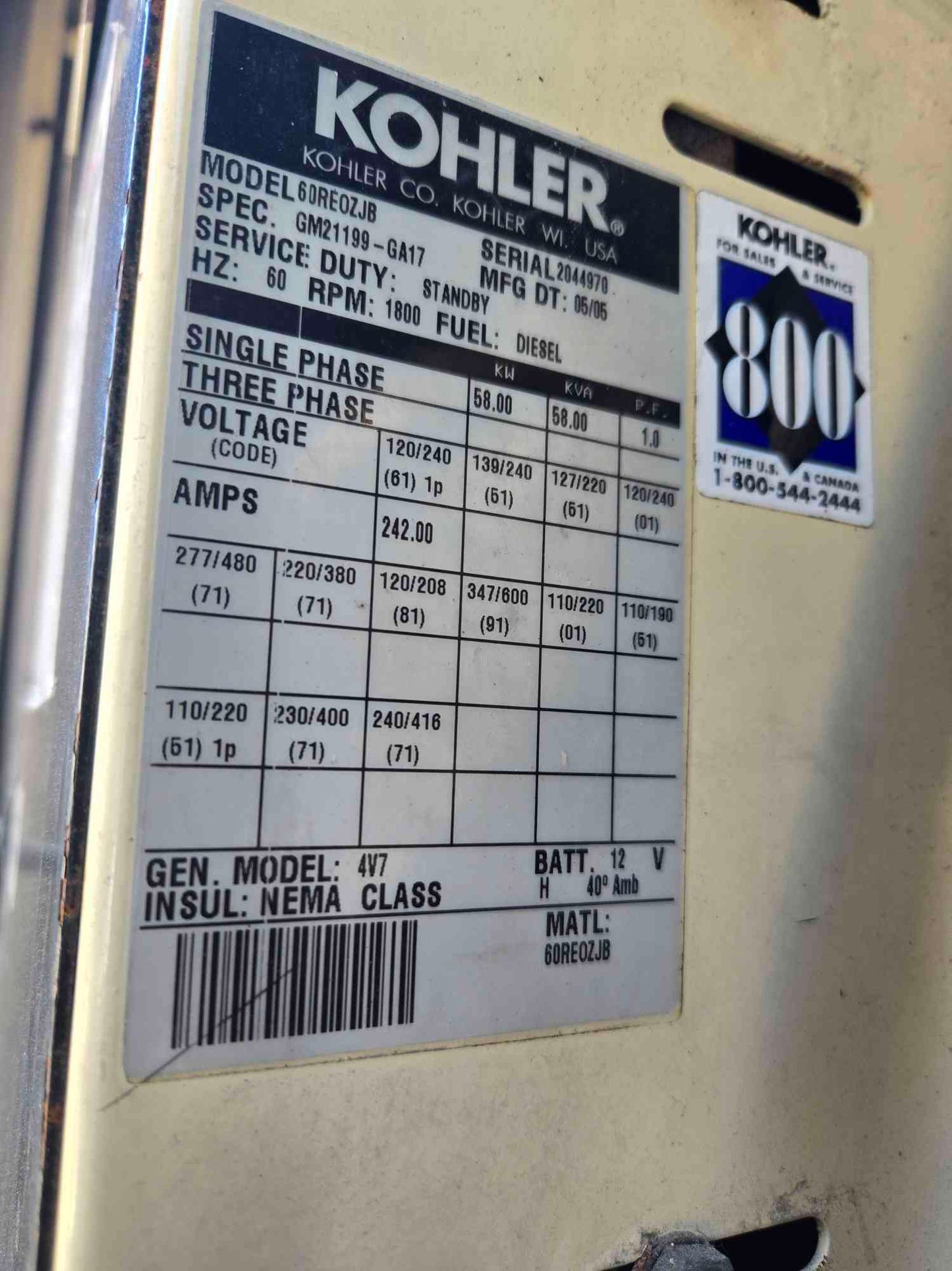 58KW 60KW Kohler Generator 4045 John Deere Diesel '05 5334Hrs. LOAD TESTED