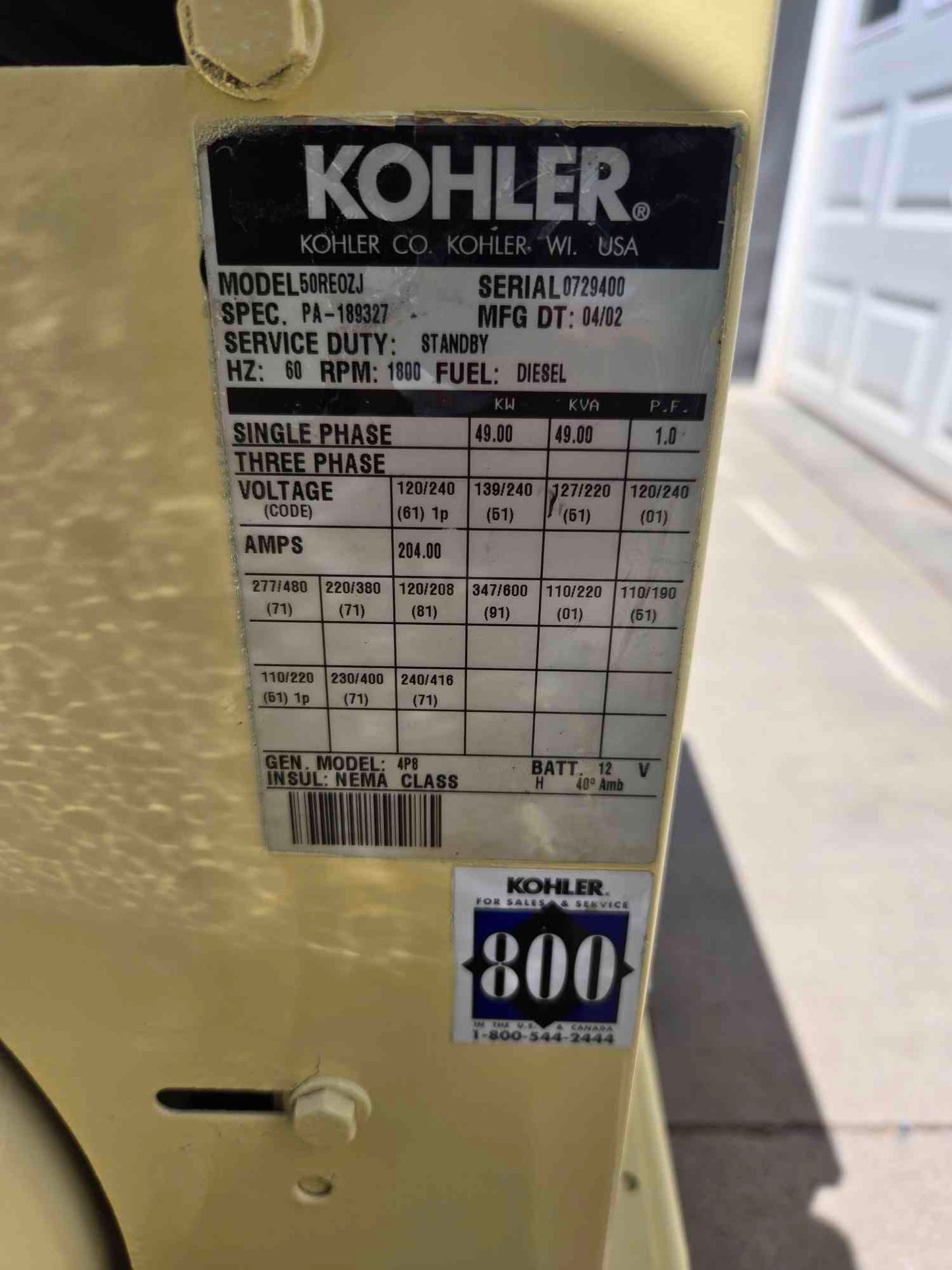 50KW 49KW Kohler 4045 John Deere Diesel Generator '02 812Hrs LOAD TESTED