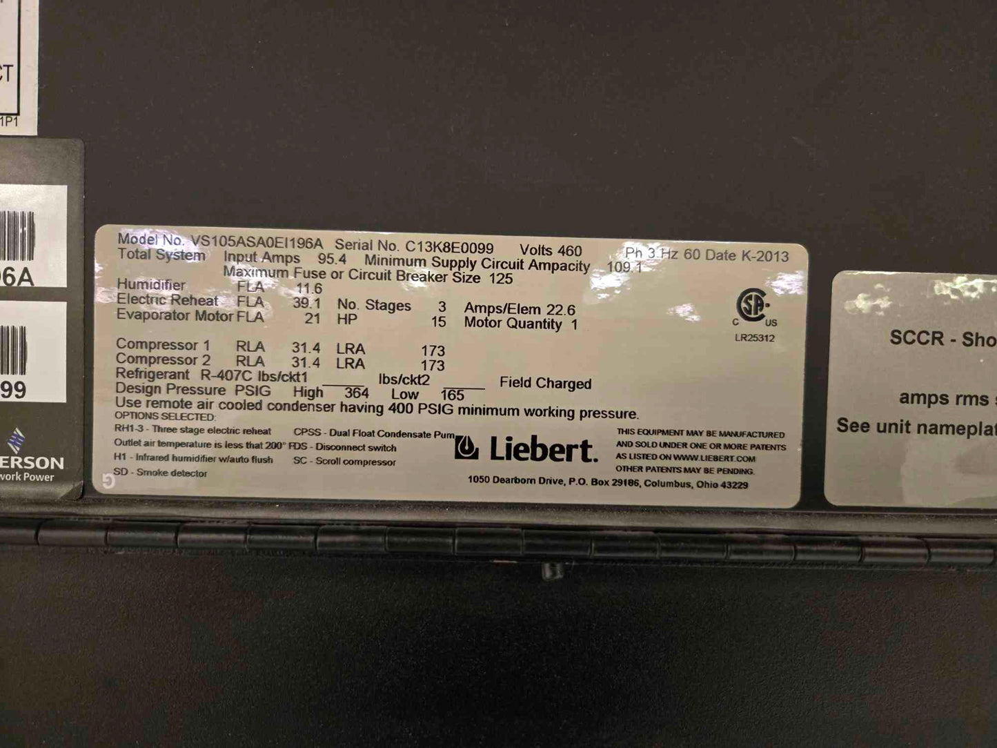 2013 Liebert Crac Unit 460V VS105ASAOEL196A