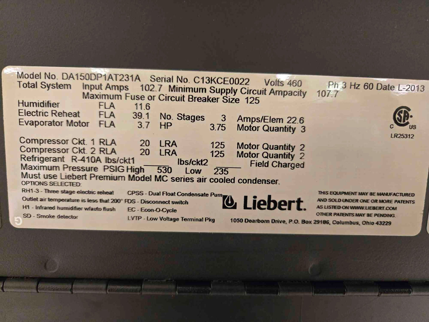 Vertiv DSE DA150D 30 Ton Air Cooled CRAC Downflow 460V 3Ph '13 w/ Condenser