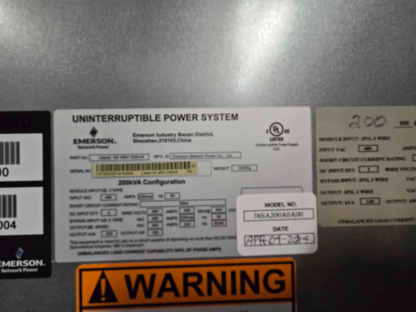 Emerson NX 200KVA UPS 480V w/ Battery Cabinet & Bypass '14