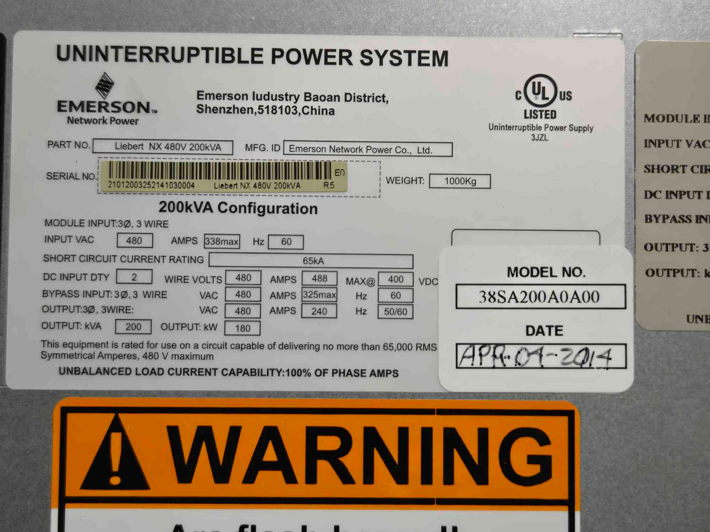 Emerson NX 200KVA UPS 480V w/ Battery Cabinet & Bypass '14