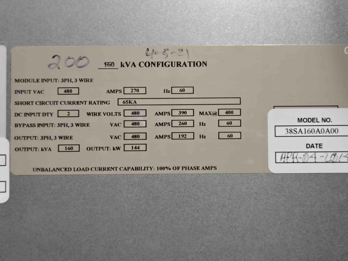 Emerson NX 200KVA UPS 480V w/ Battery Cabinet & Bypass '14