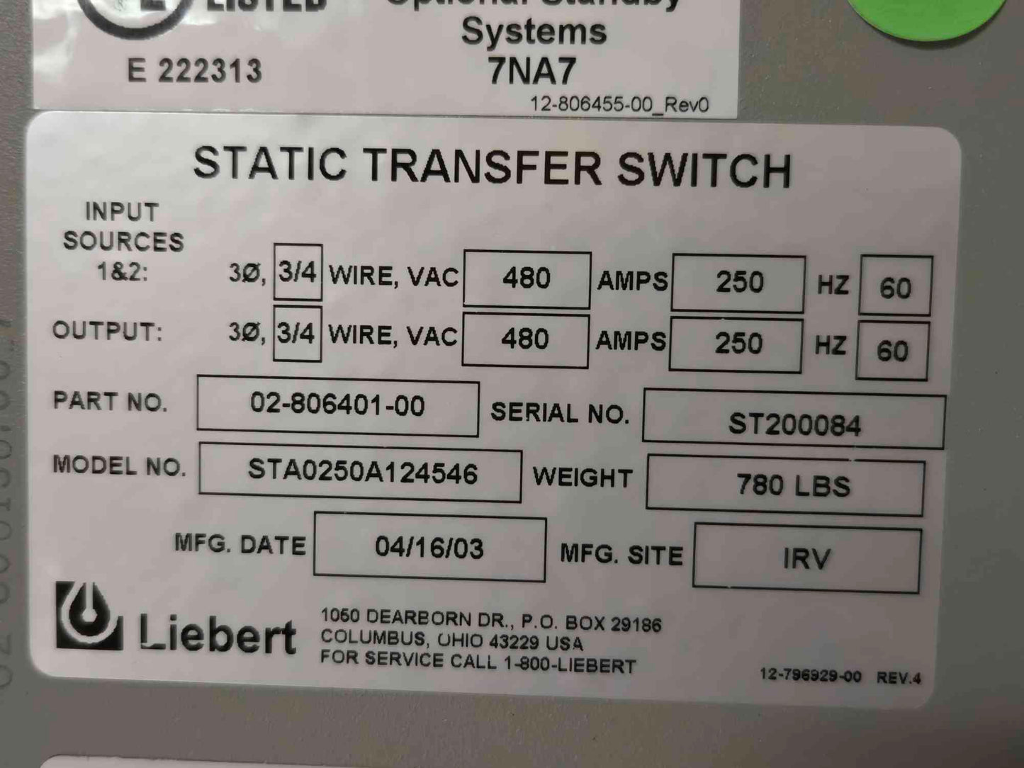 Liebert STS 250 Amp 480V STS2 250A Static Transfer Switch