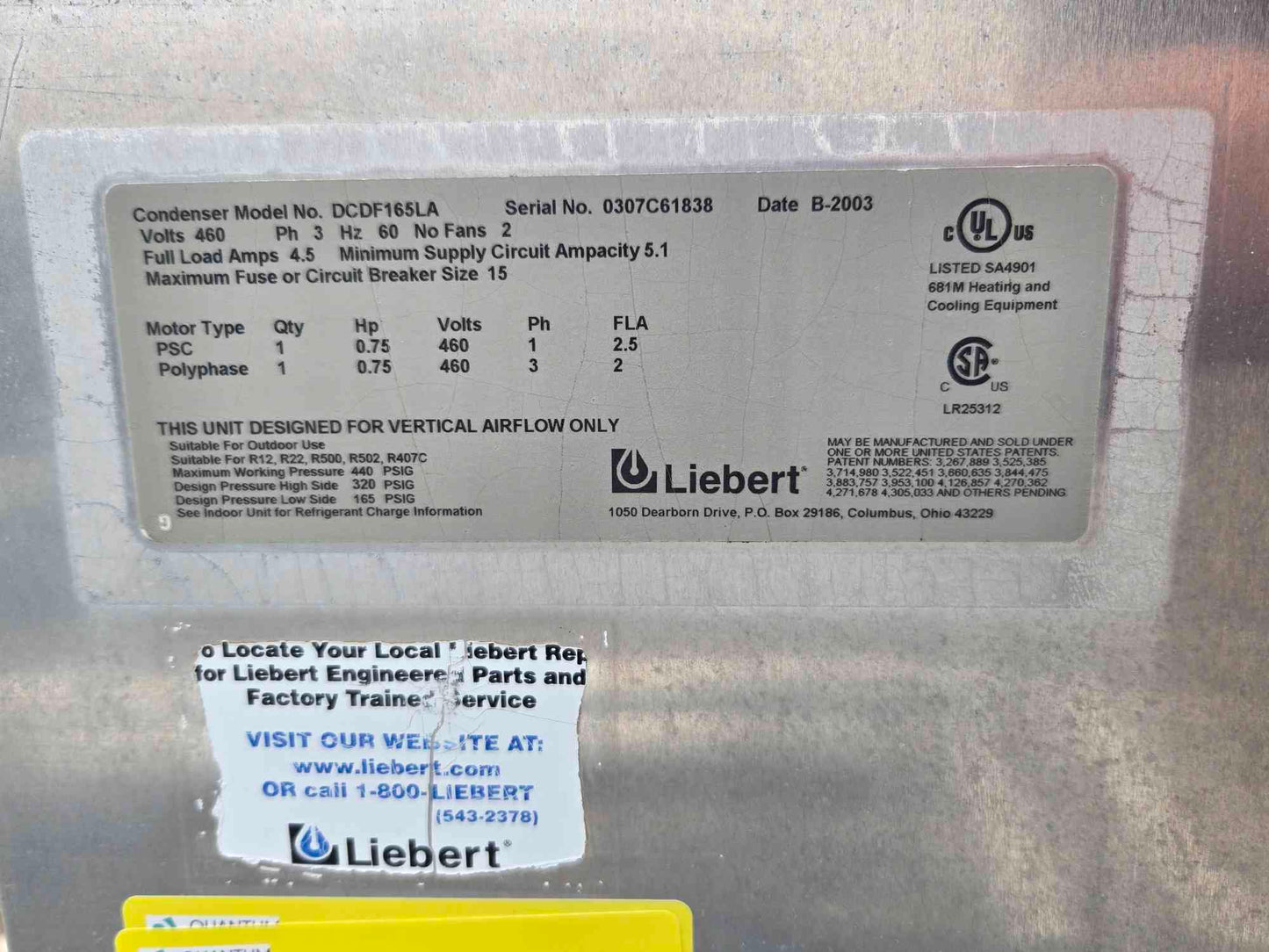 Liebert 2 Fan Condenser DCDF165LA 460v