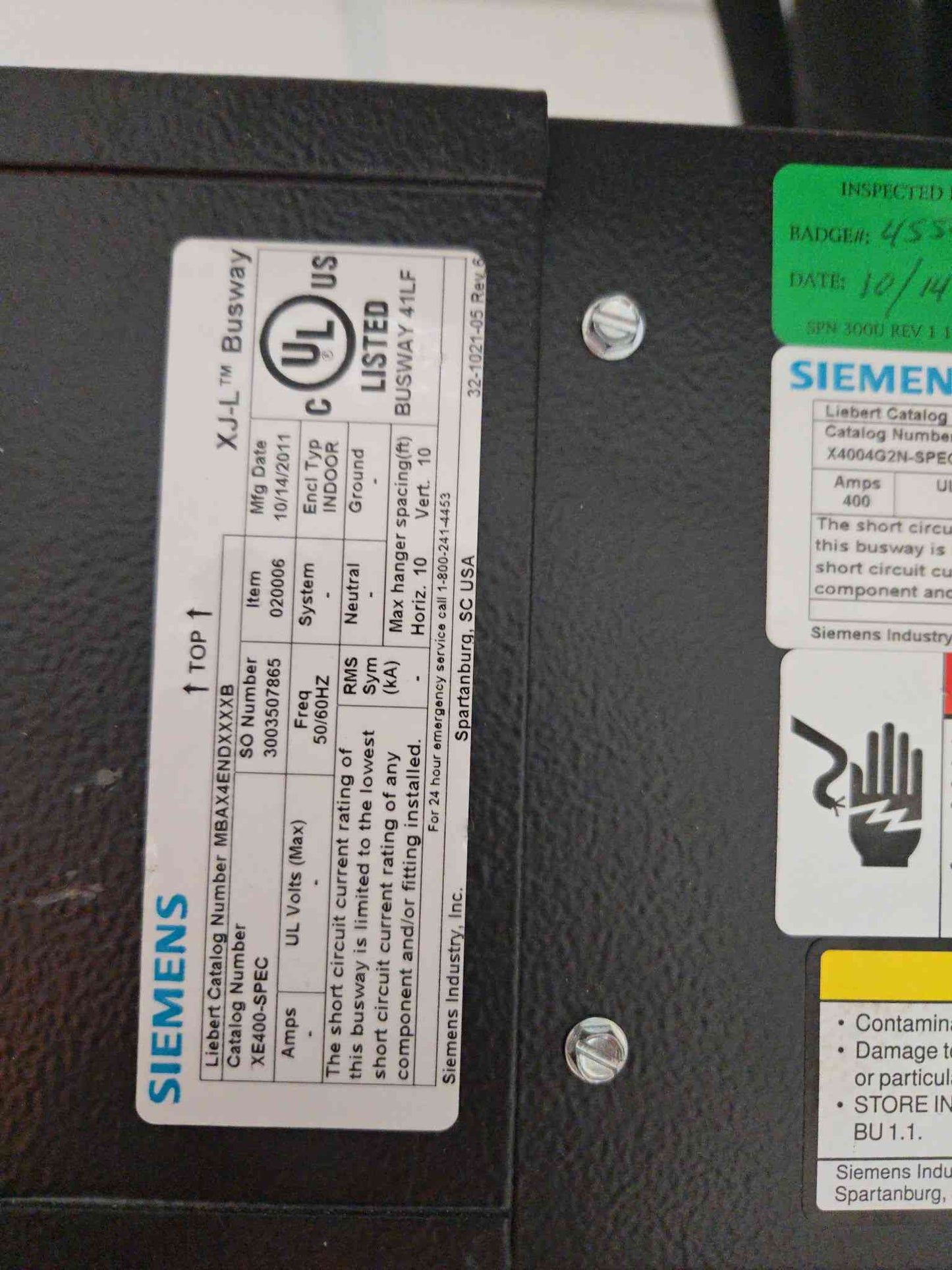 Siemens XJ-L Busway, 2011 XE400-SPEC With Tap box (SKU: 111273)