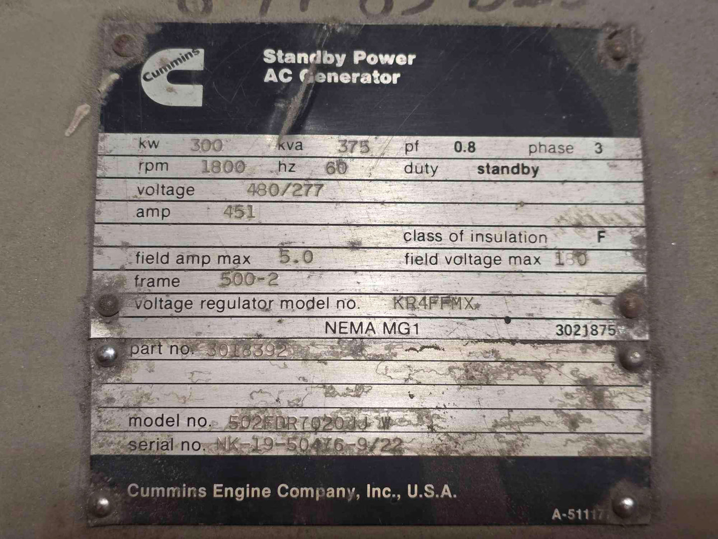 300KW Cummins NTA855 Diesel Generator 3PH 1080hrs