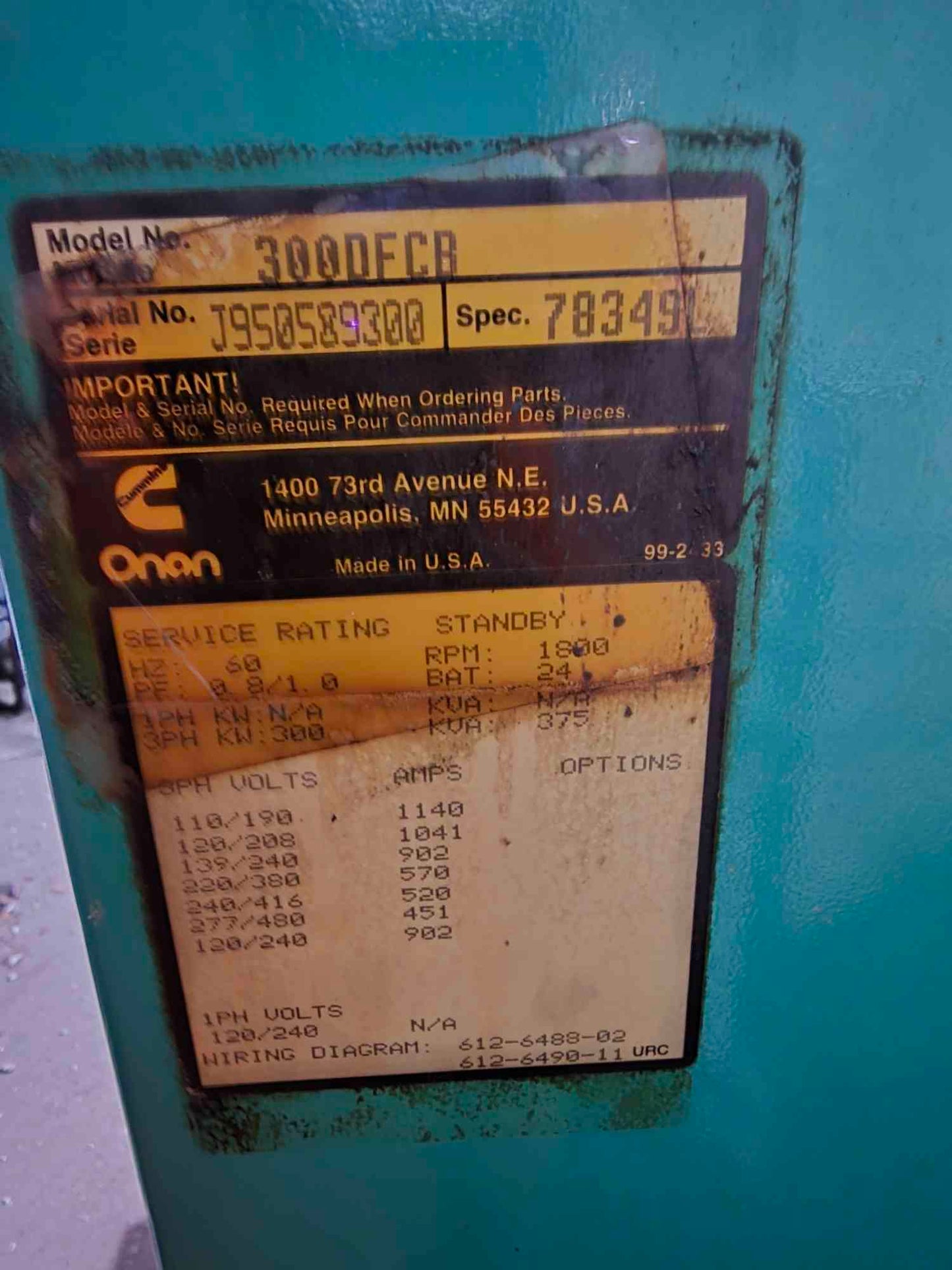 300KW Cummins NTA-855-G2 Diesel Generator 3PH 86hrs