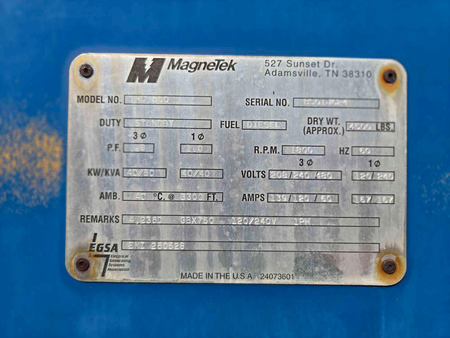 40KW Magnatek 4-236 Perkins Diesel Generator '98 620Hrs LOAD TESED