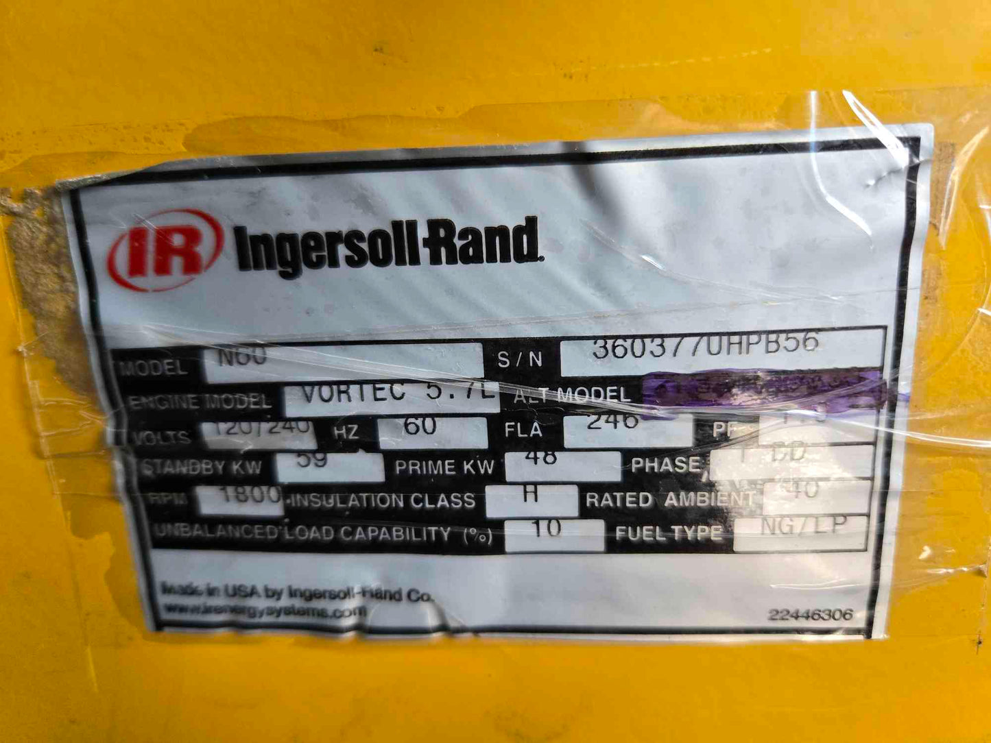 60KW Ingersoll Rand Generator 5.7L GM LP Nat Gas '05 245 Hrs TESTED