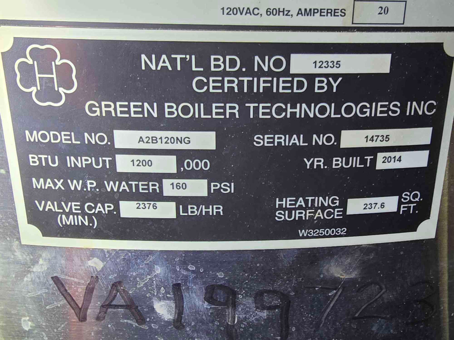 1,200,000 BTU Green Boiler Technologies A2B120NG NG Low Pressure Water Boiler 120V