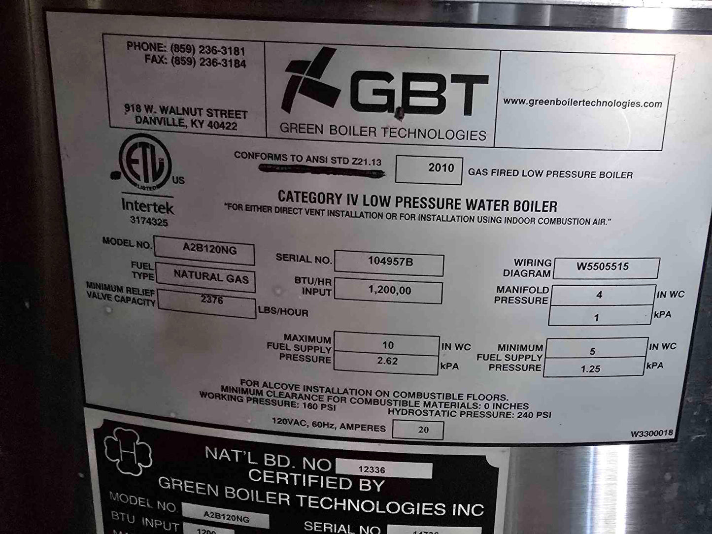 1,200,000 BTU Green Boiler Technologies A2B120NG NG Low Pressure Water Boiler 120V