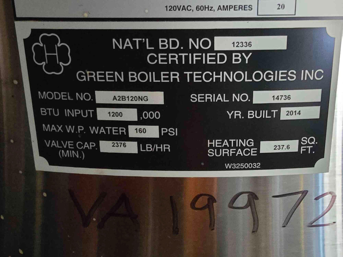 1,200,000 BTU Green Boiler Technologies A2B120NG NG Low Pressure Water Boiler 120V