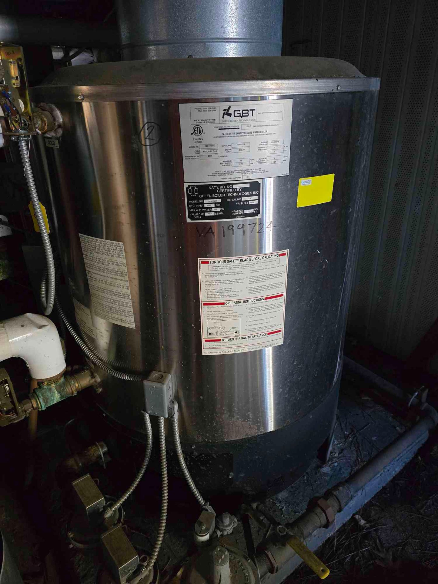 1,200,000 BTU Green Boiler Technologies A2B120NG NG Low Pressure Water Boiler 120V