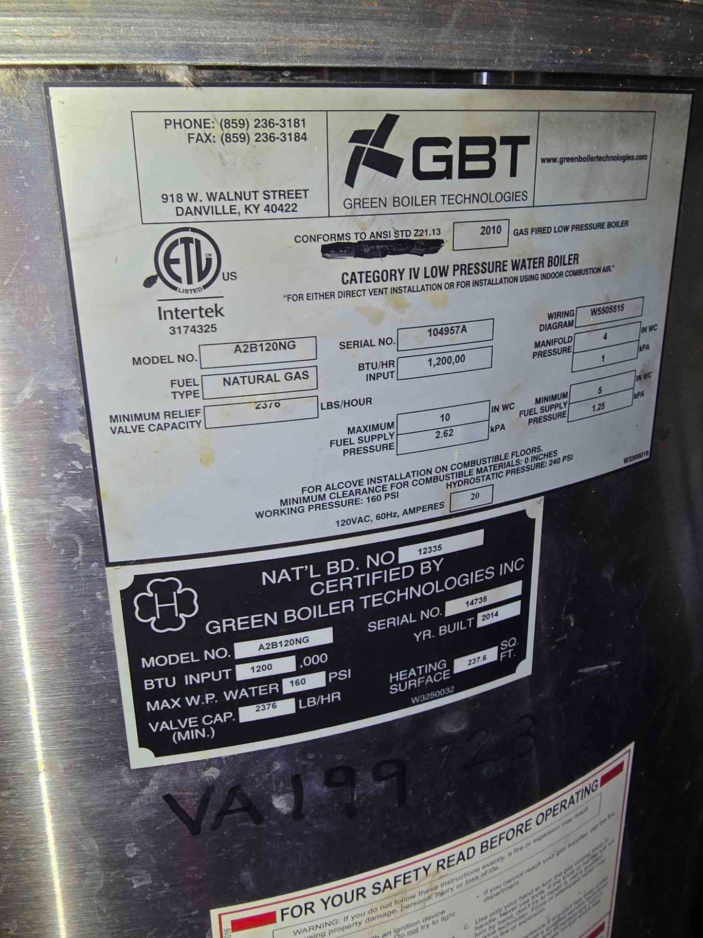 1,200,000 BTU Green Boiler Technologies A2B120NG NG Low Pressure Water Boiler 120V