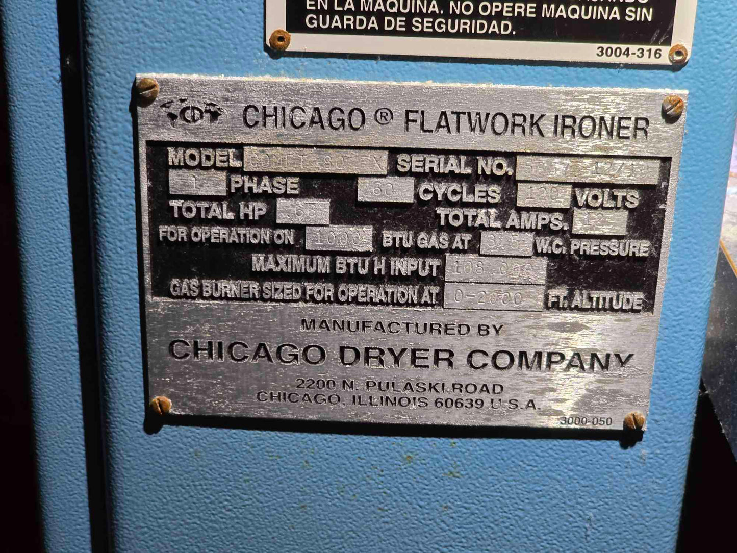 Chicago Flatwork Ironer, Model Comet 80 120v, 60 Cycle, 1Ph