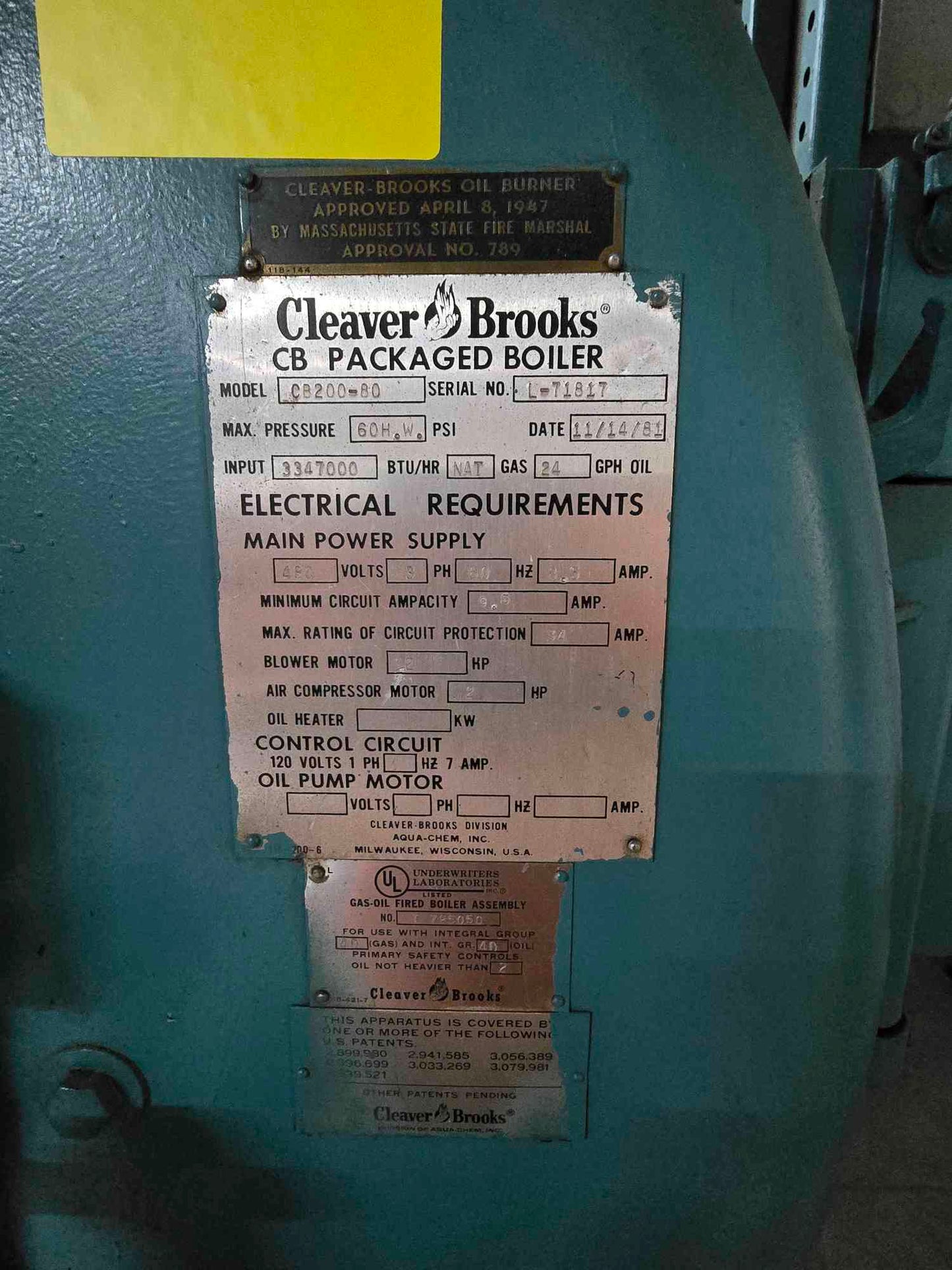 80HP Cleaver Brooks Packaged Boiler C8200-80 480V 3PH