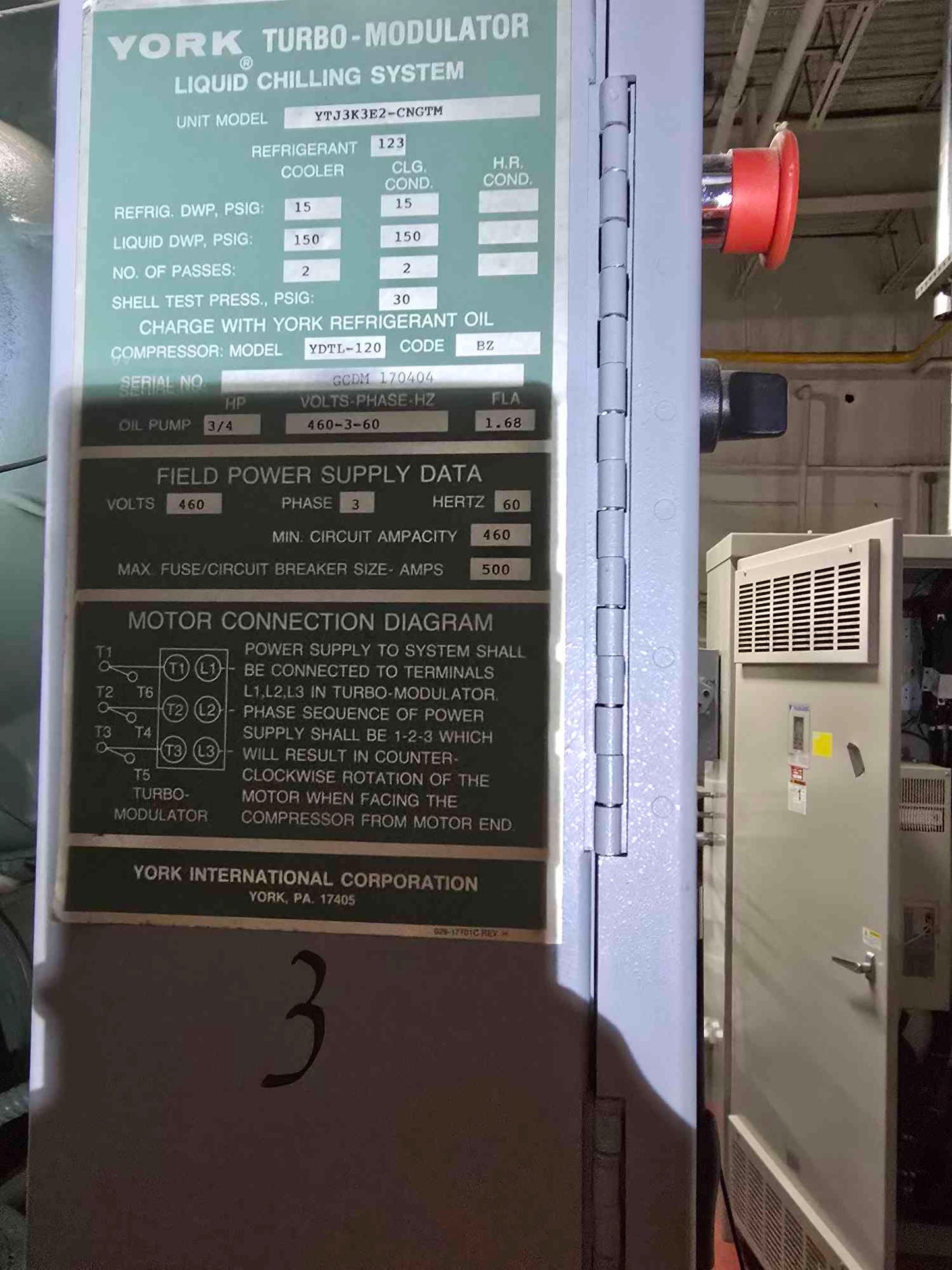 500 Ton York Turbo Modulator Liquid Chiller YTJ3K3E2-CNGTM