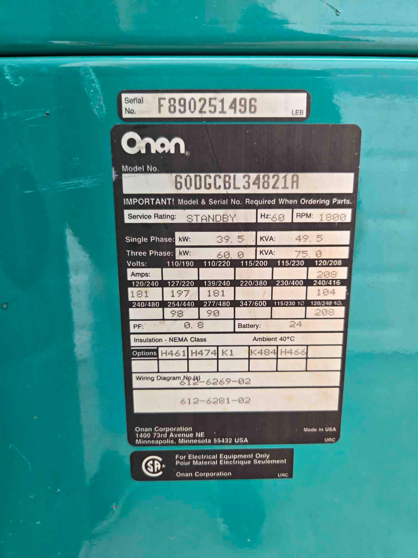60KW Cummins Onan 4BT Diesel Generator '89 307 Hrs TESTED