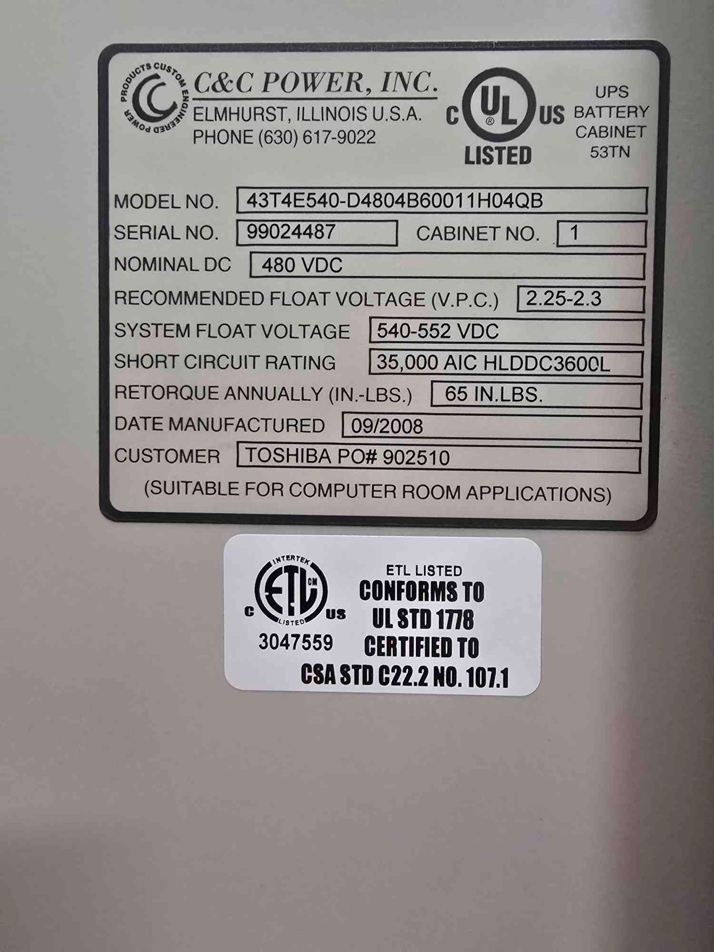 C&C Power Battery Cabinet 43T4E540-D4804B60011H04QB 480V 600A (SKU: 111531)