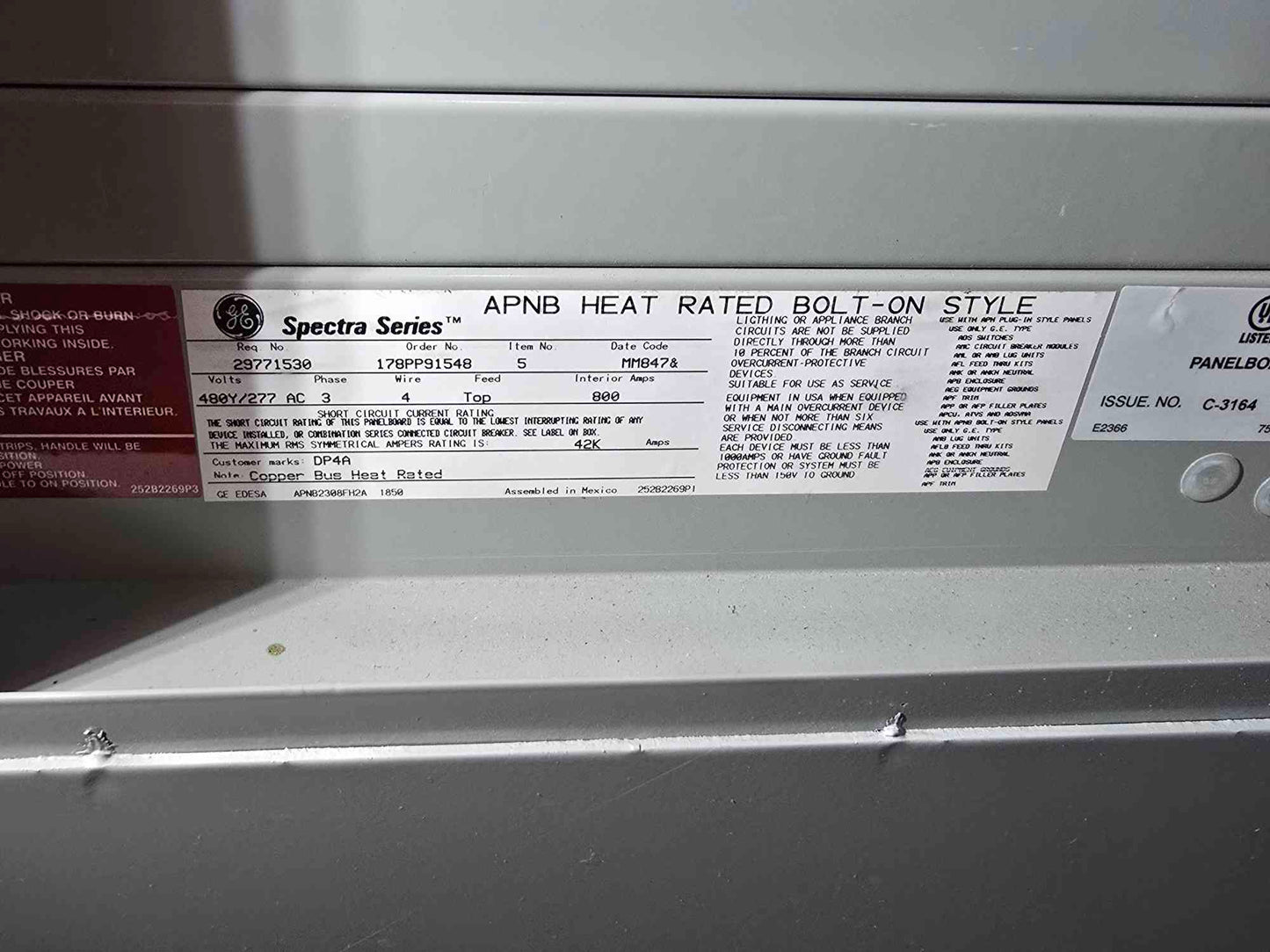 800A GE Spectra Series Panelboard 480/277V 3PH 6 Breaker Distribution