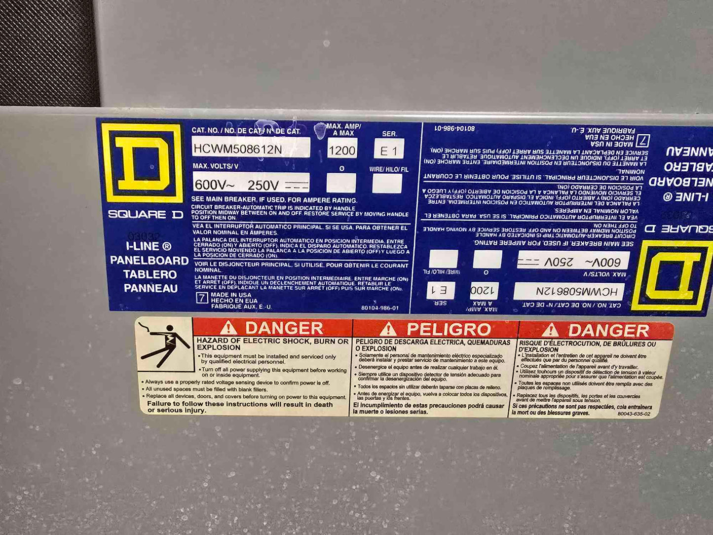 1200A Square-D I-Line Panelboard 460V - 600V Max HCWM508612N 3PH 3-Wire