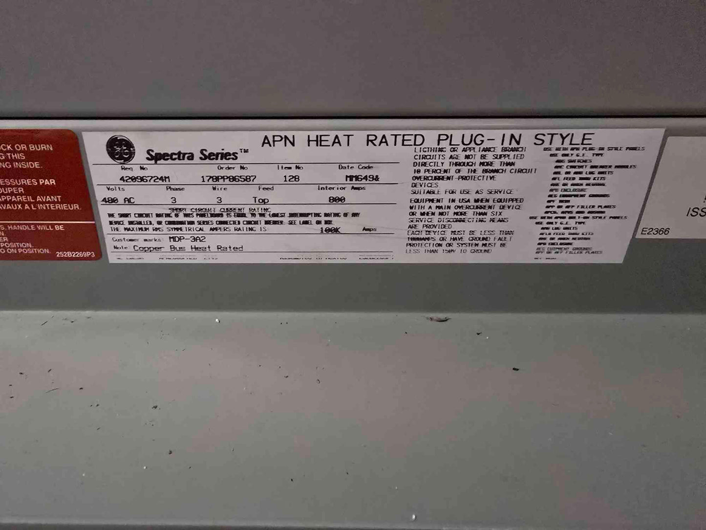 800A GE Spectra Series Panelboard 480V 3PH 3 Breakers Main & Meter - Cell 3 D