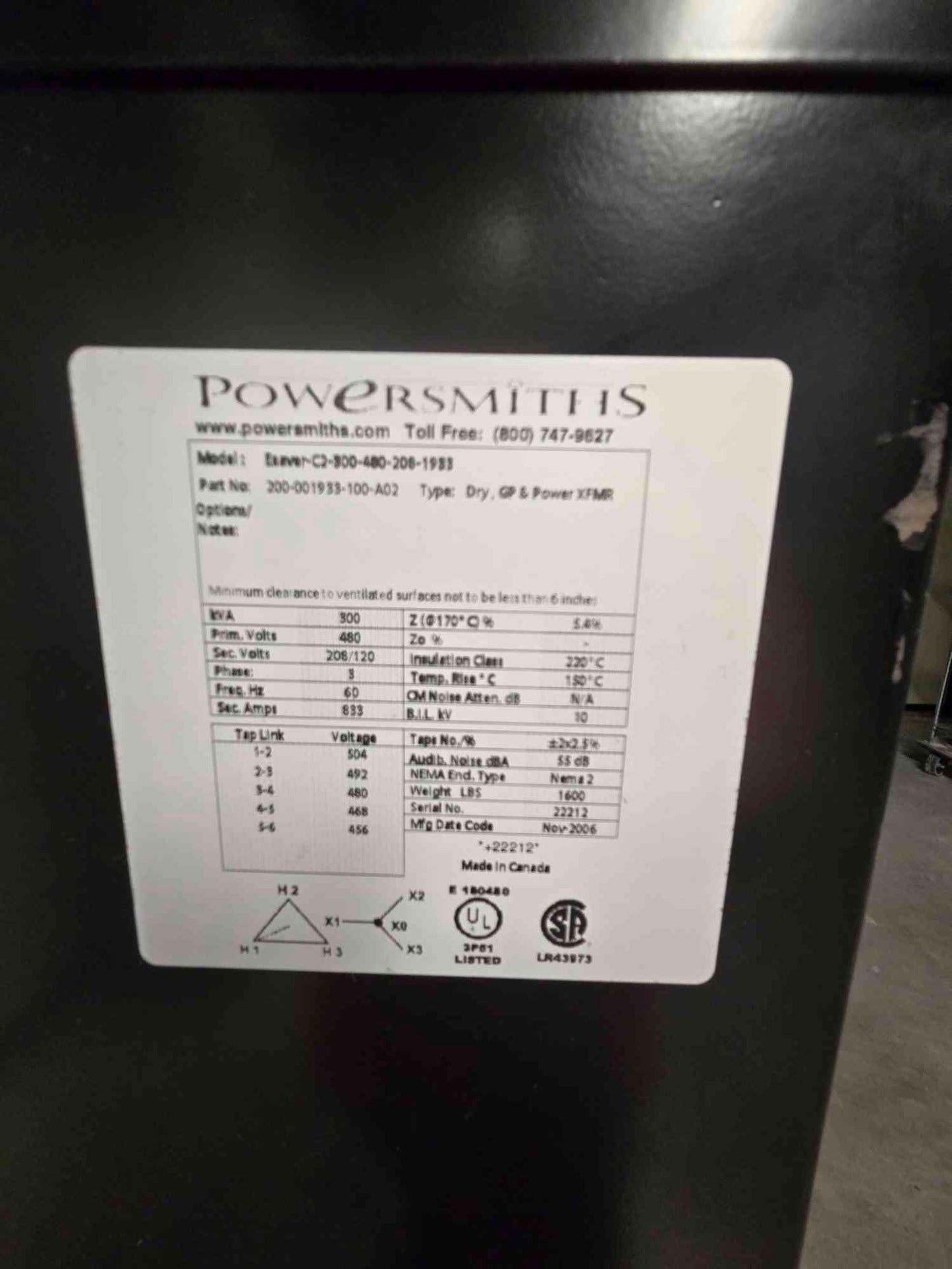 Powersmiths 300KVA Dry Type Transformer 480v X 208/120v - Cell 3
