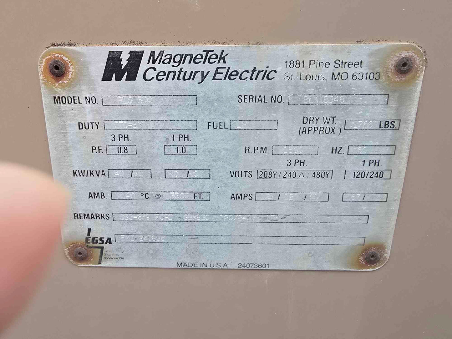 40KW Magnetek RLS500 Ford NG/LP Generator 1&3PH '98 1000HRS TESTED