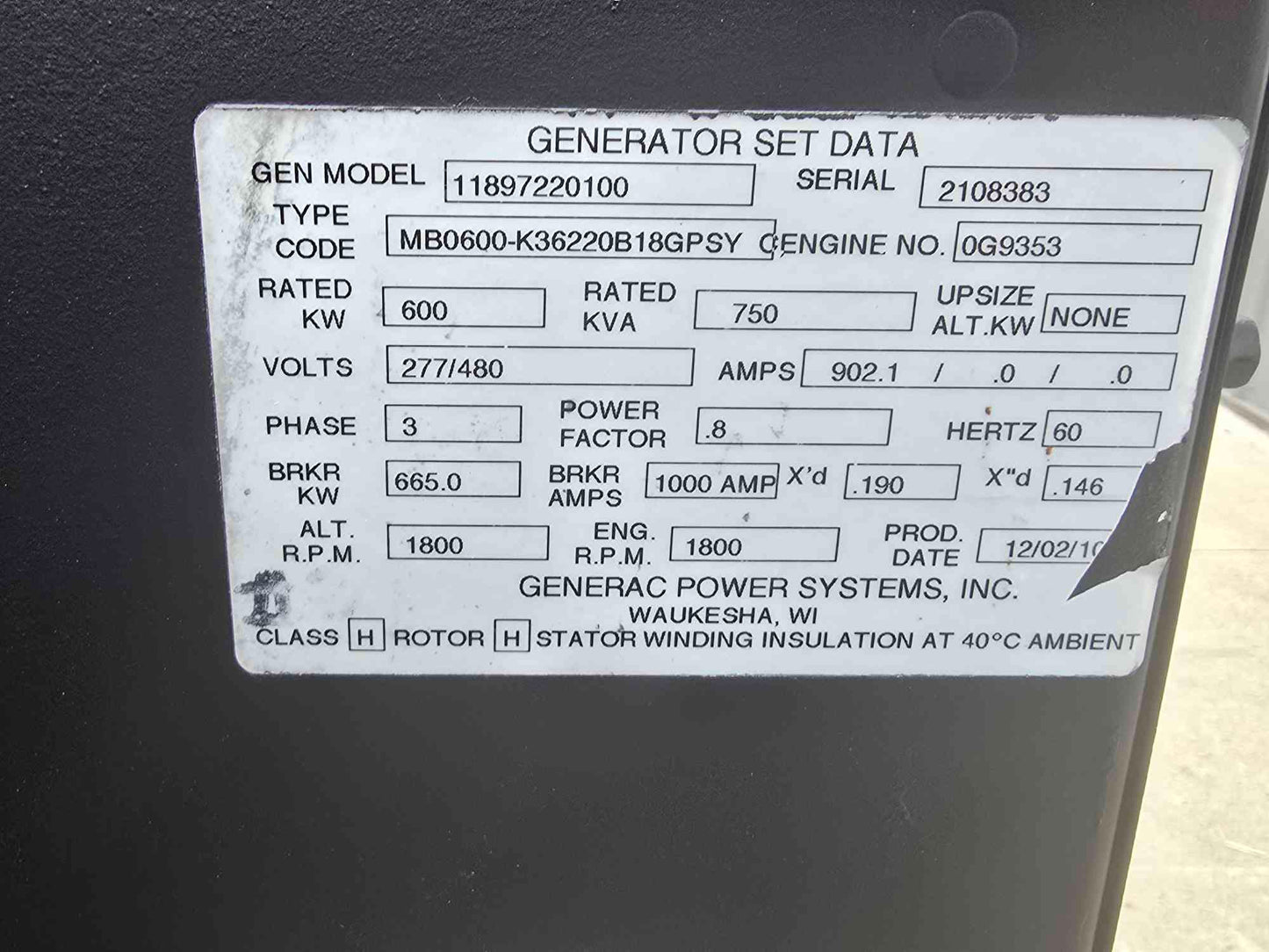 600KW Generac V12 Doosan Diesel Generator 3PH 277/480 '10 960Hrs TESTED