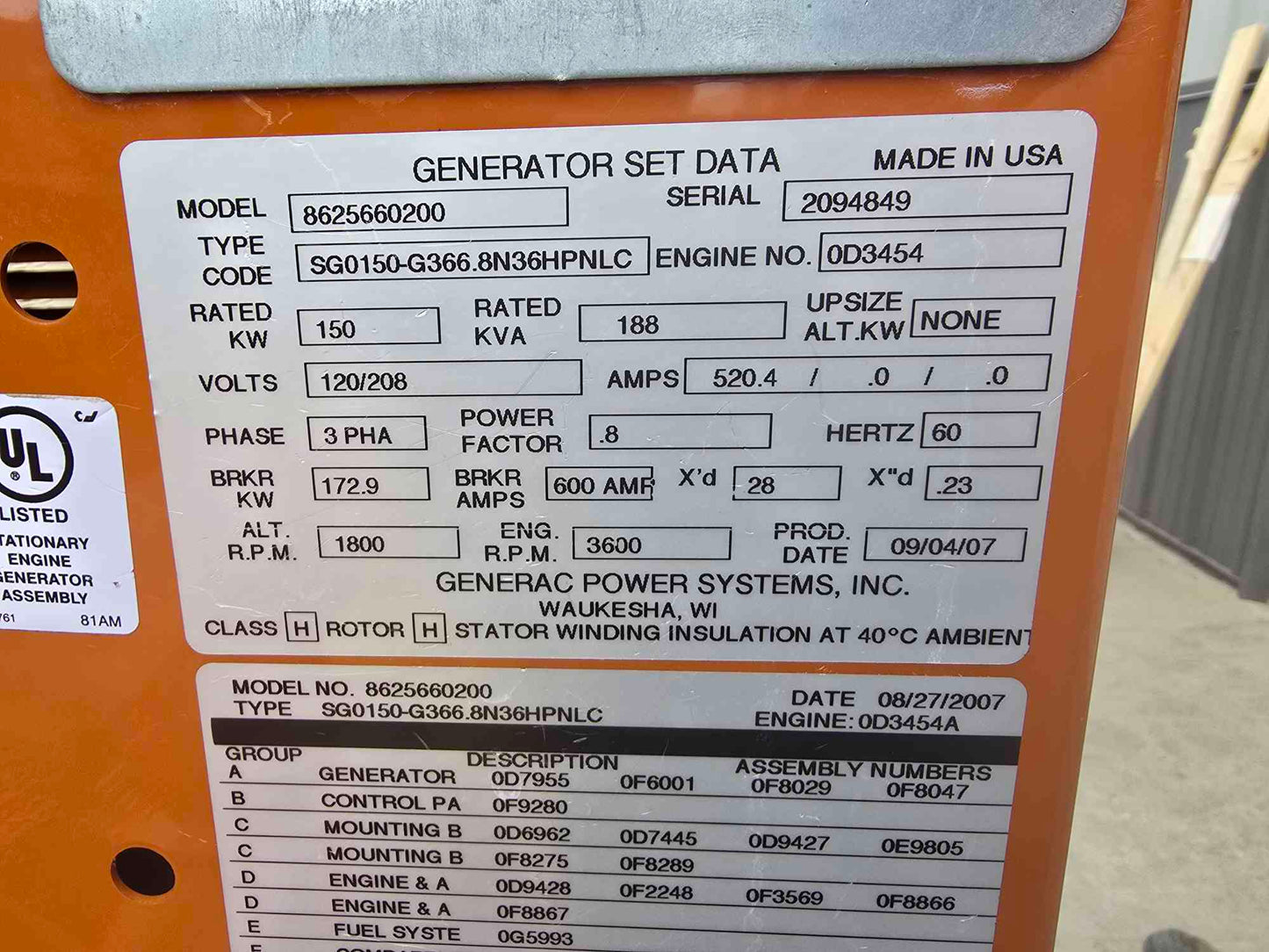 150KW Generac SG0150 Nat Gas LP Generator 3PH '07 341Hrs TESTED