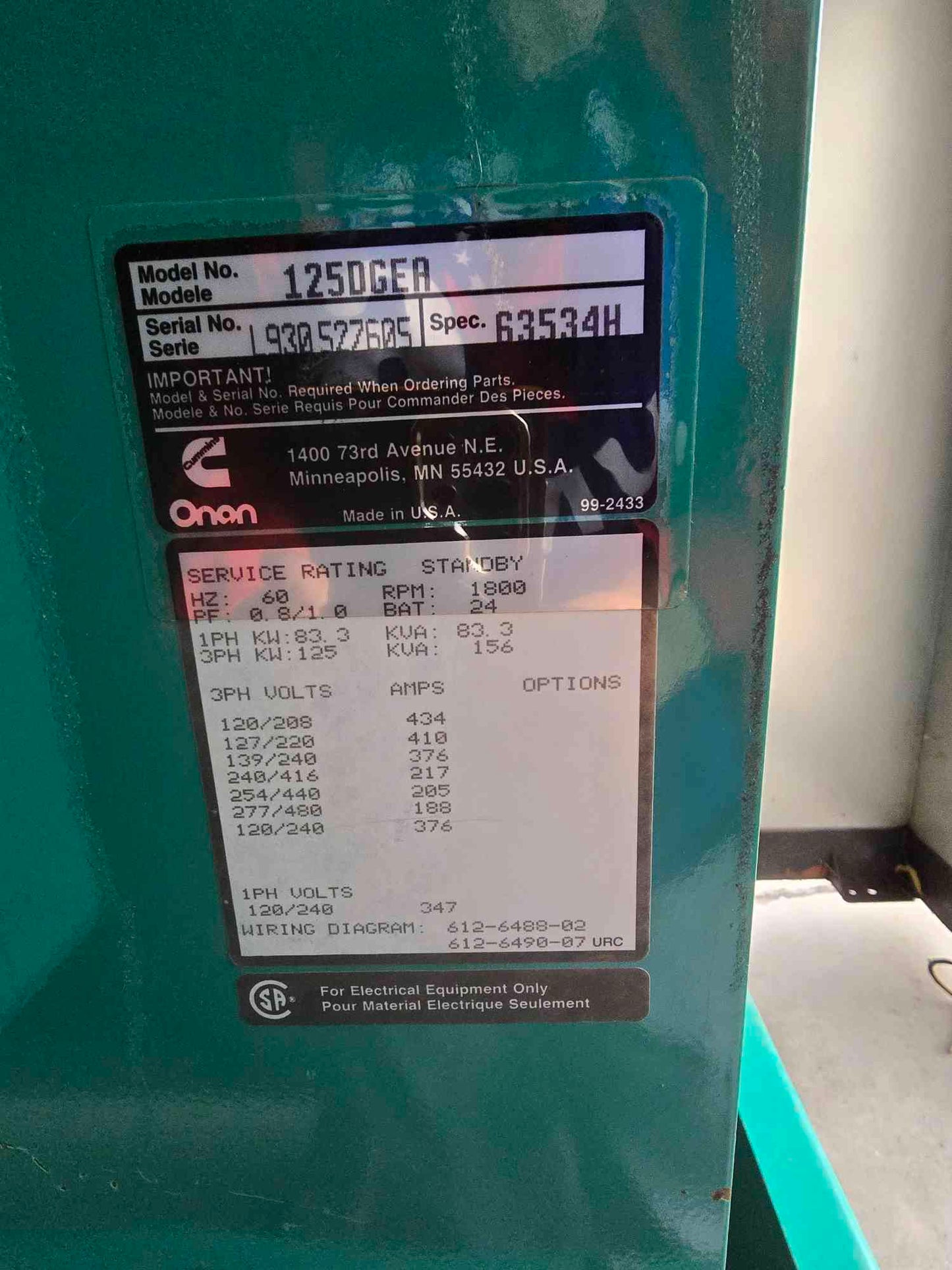 125KW Cummins Onan Generator 125DGEA Diesel 1&3PH '93 1575Hrs TESTED