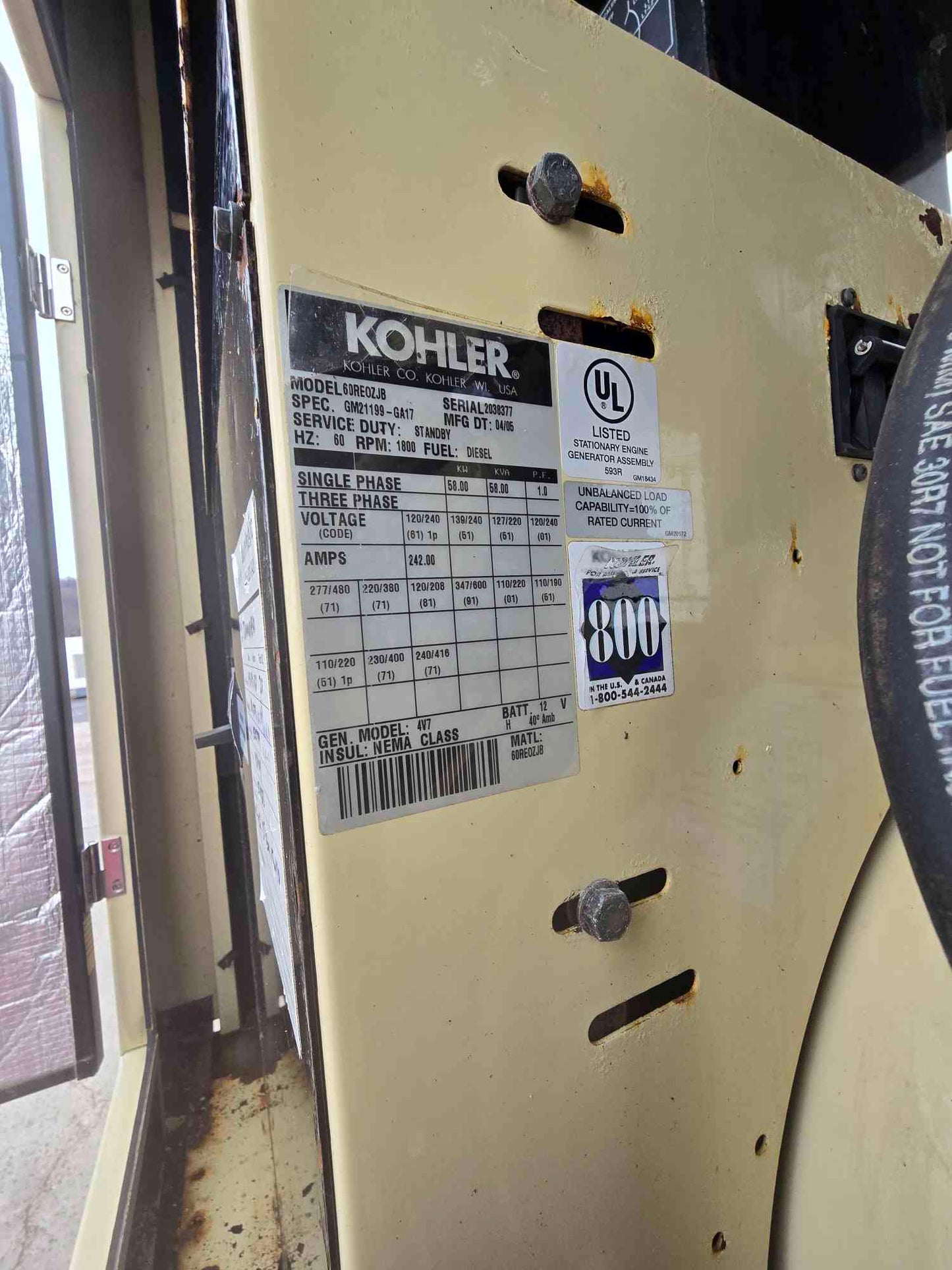58KW 60KW Kohler 60RE02JB John Deere Diesel Generator '05 1213HR