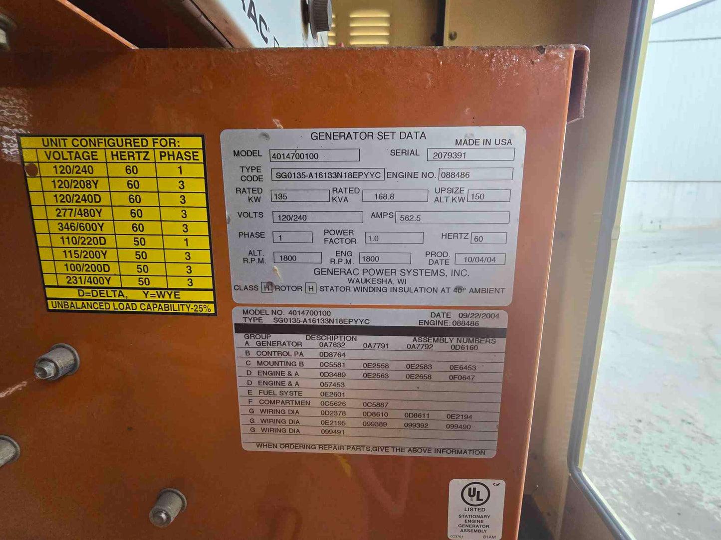 135KW Generac SG0135 Nat Gas LP Generator 1PH 120/240v '04 957Hrs TESTED