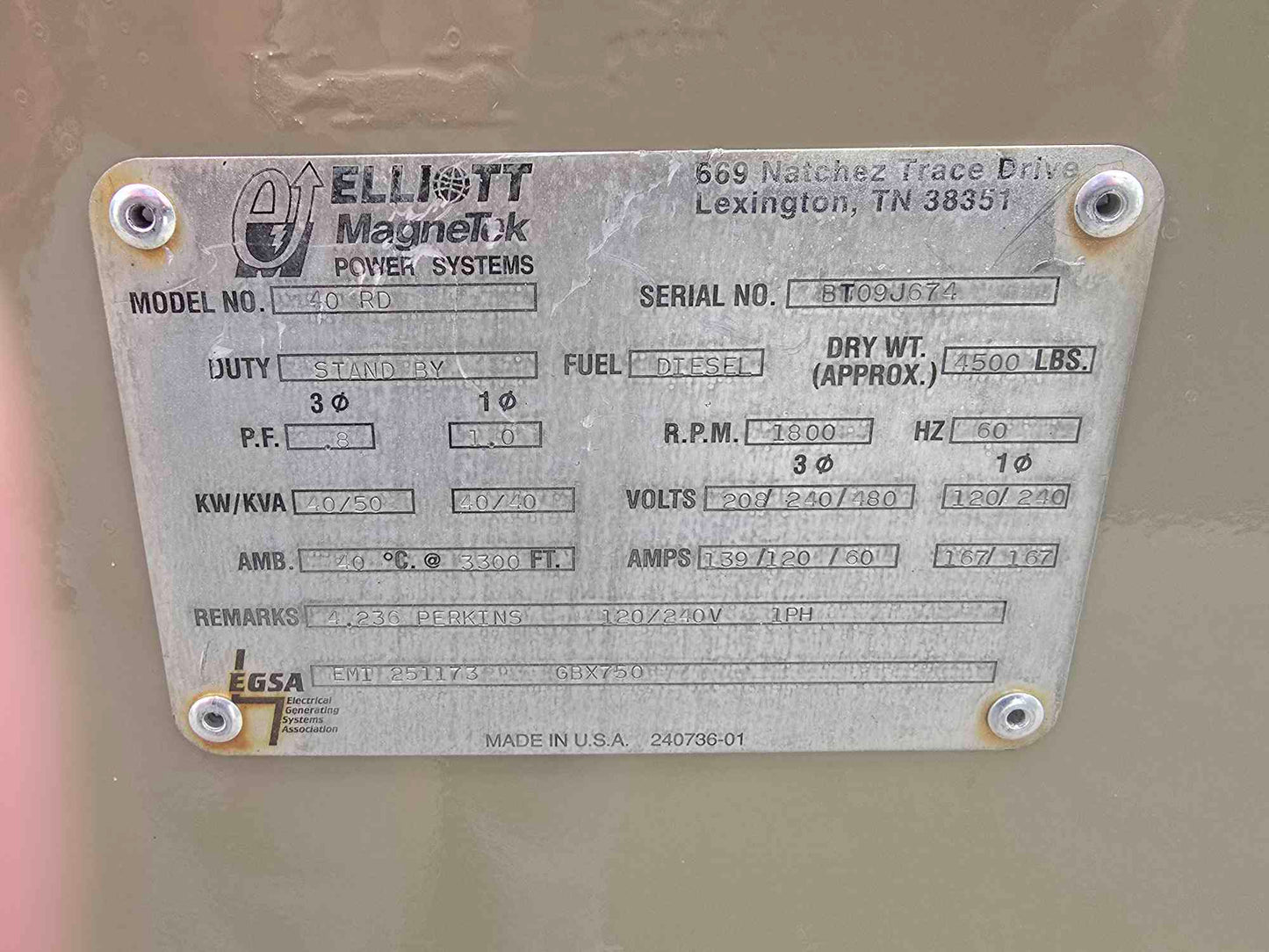 40KW Magnetek 40RD Diesel Generator 1&3PH 240V '99 392Hrs TESTED