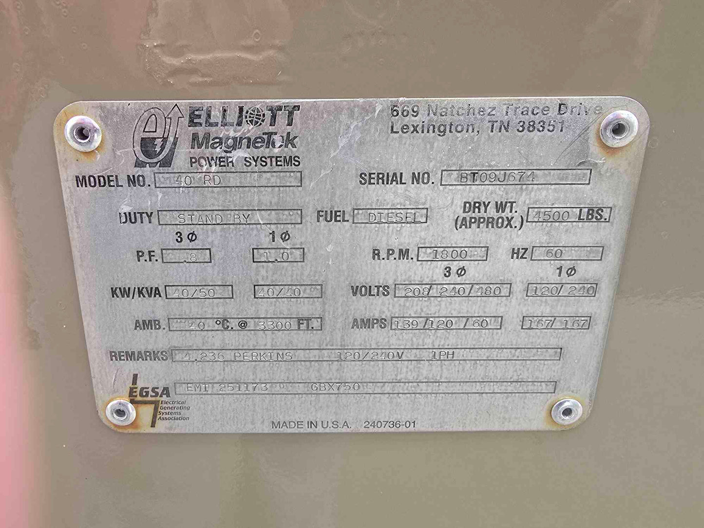 40KW Magnetek 40RD Diesel Generator 1&3PH 240V '99 392Hrs TESTED