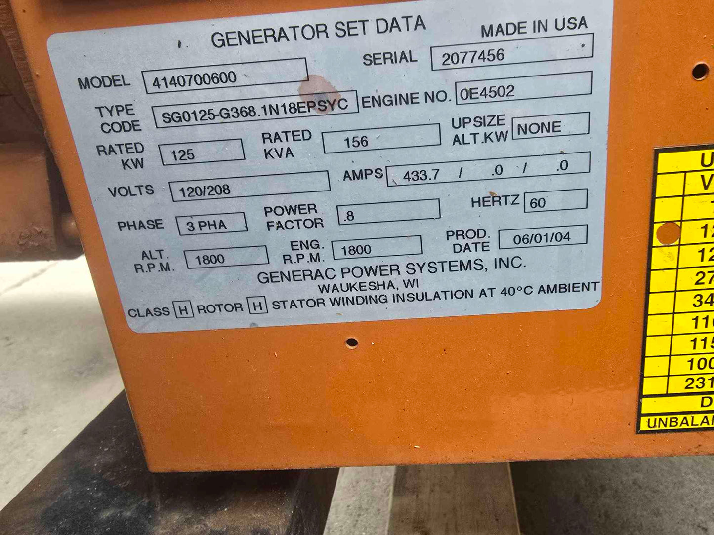 125KW Generac SG0125 Nat Gas LP Generator 3PH 120/208V '04 957Hrs TESTED
