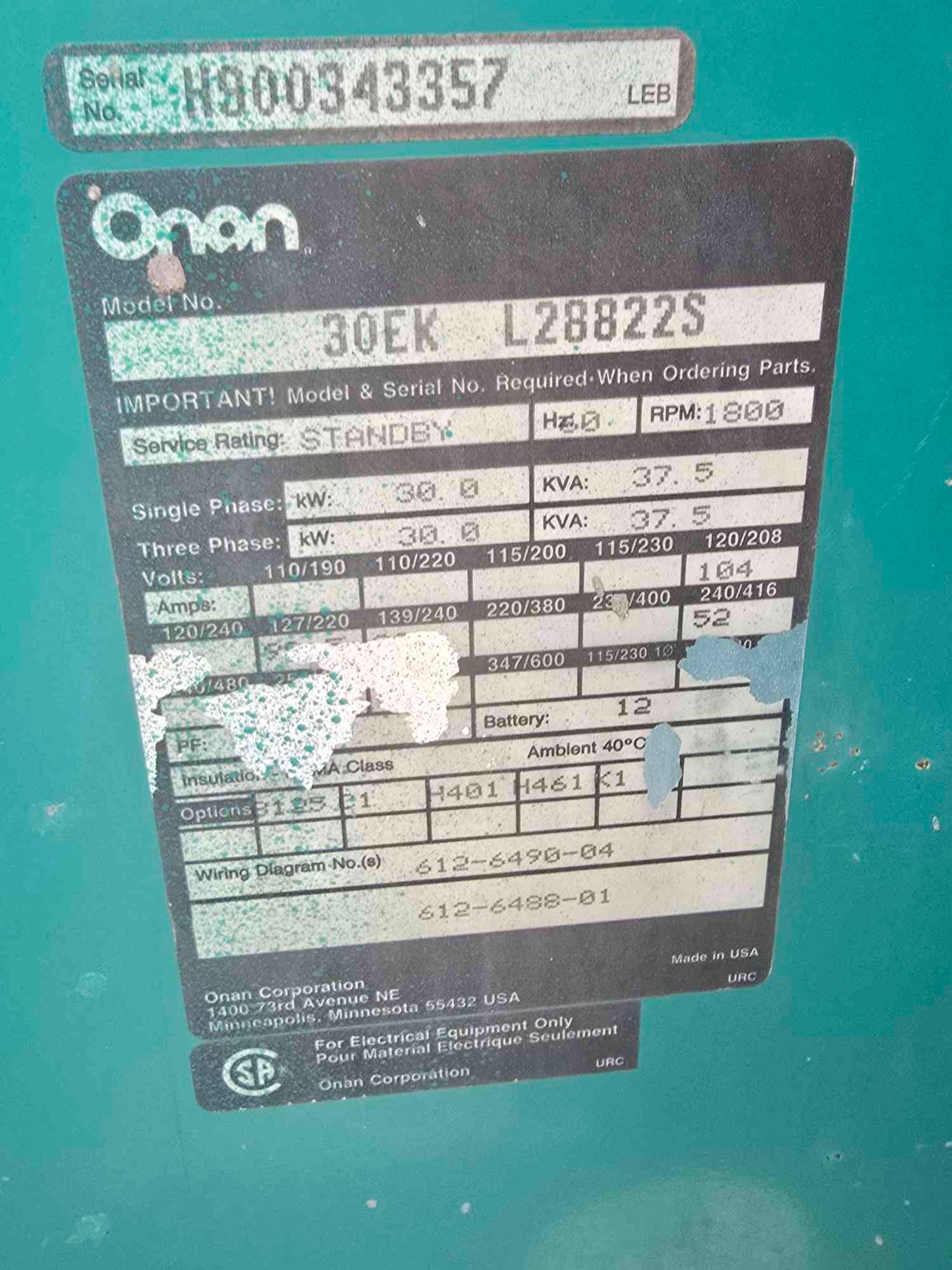 30KW Onan 30EKL28822S Nat Gas LP Generator 1PH '90 894Hrs TESTED